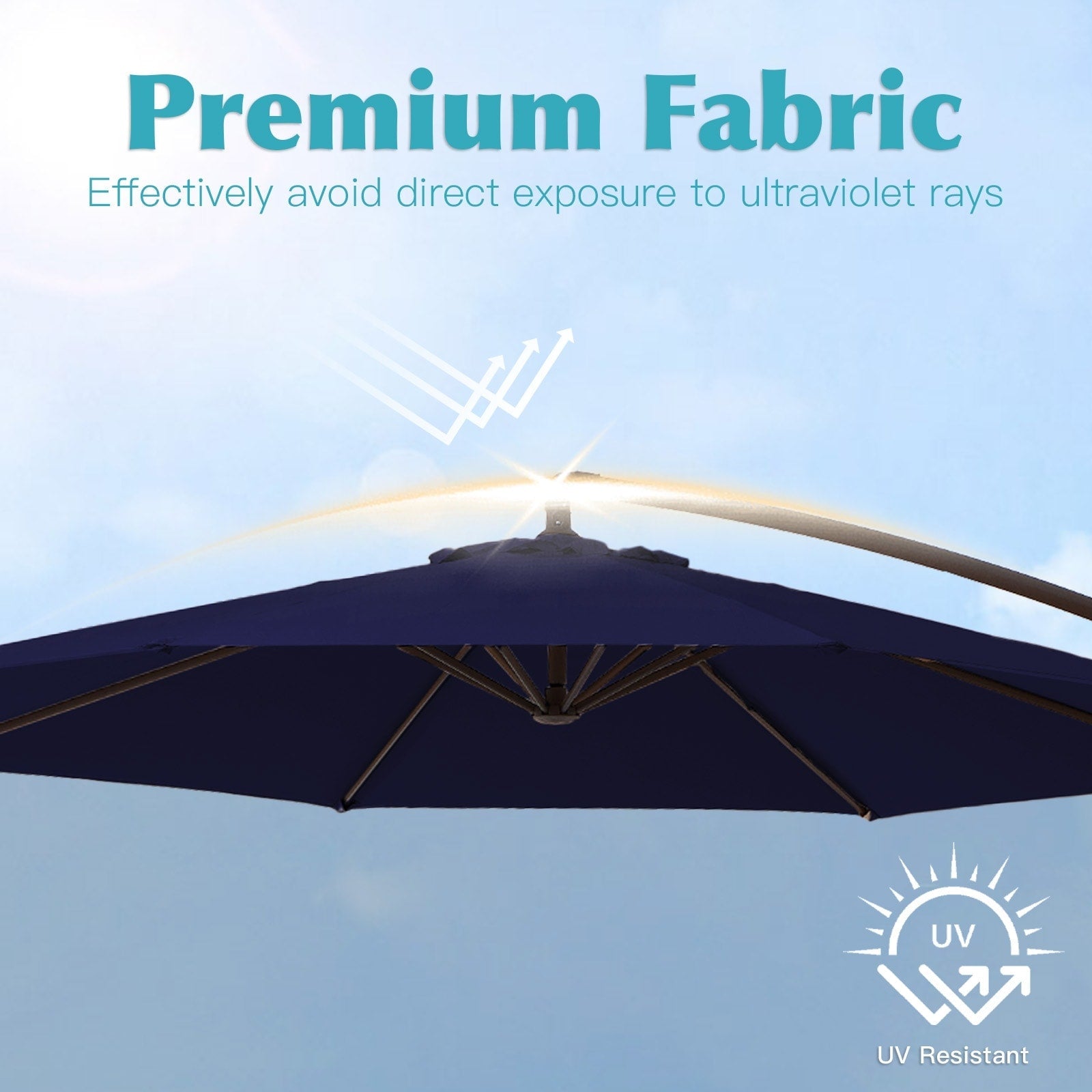 10 Fuß großer, freitragender Stahlschirm mit Kurbelmechanismus und beschwertem Fuß