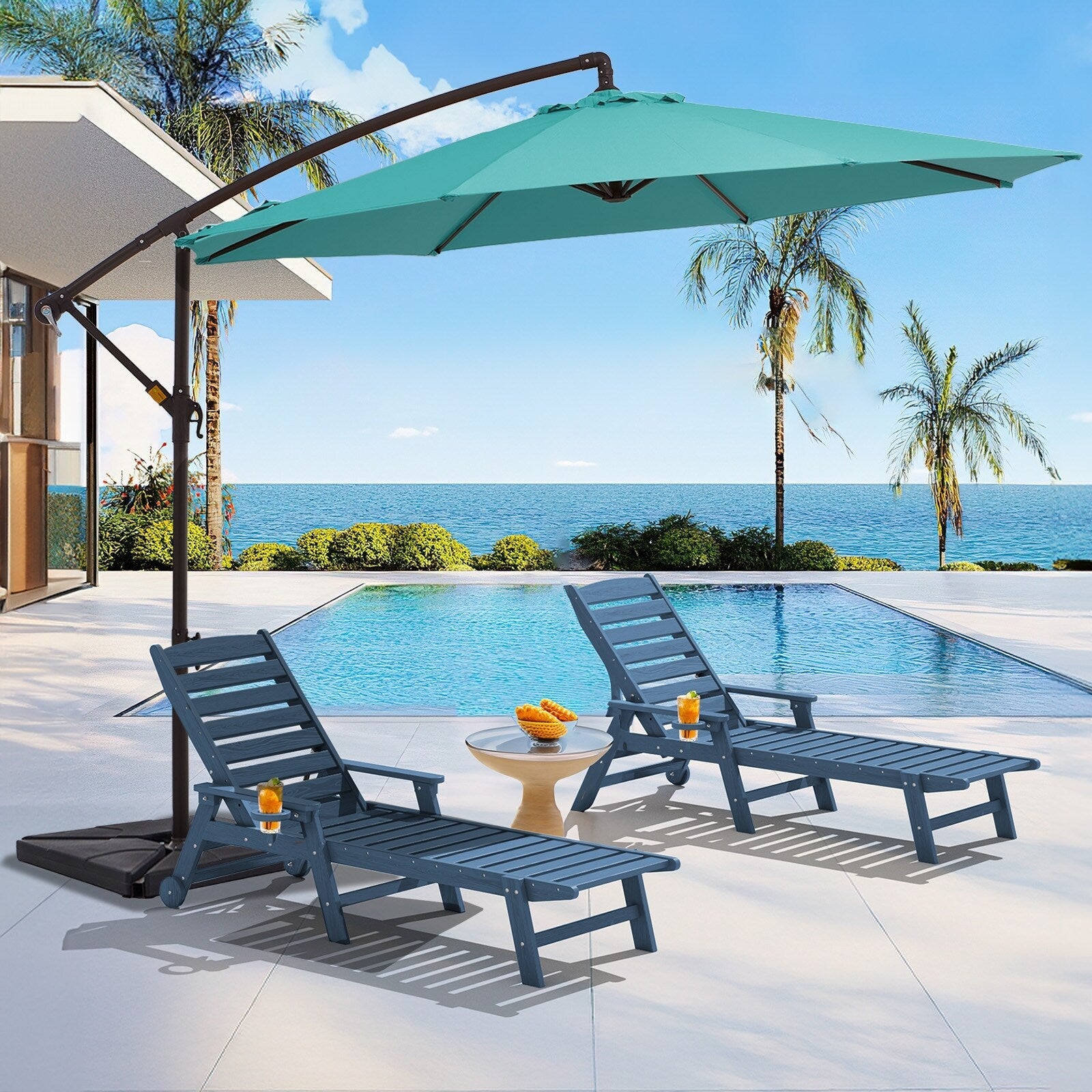 10 Fuß großer, freitragender Stahlschirm mit Kurbelmechanismus und beschwertem Fuß