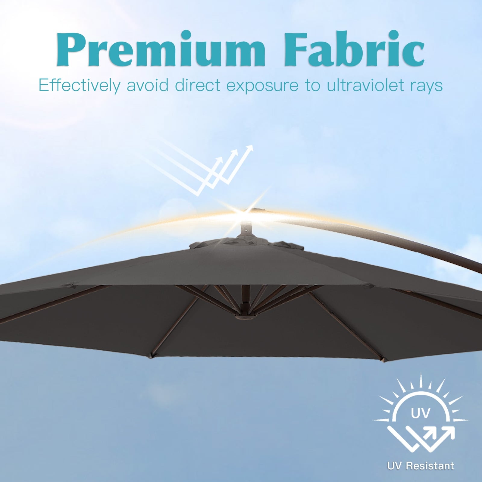 10 Fuß großer, freitragender Stahlschirm mit Kurbelmechanismus und beschwertem Fuß