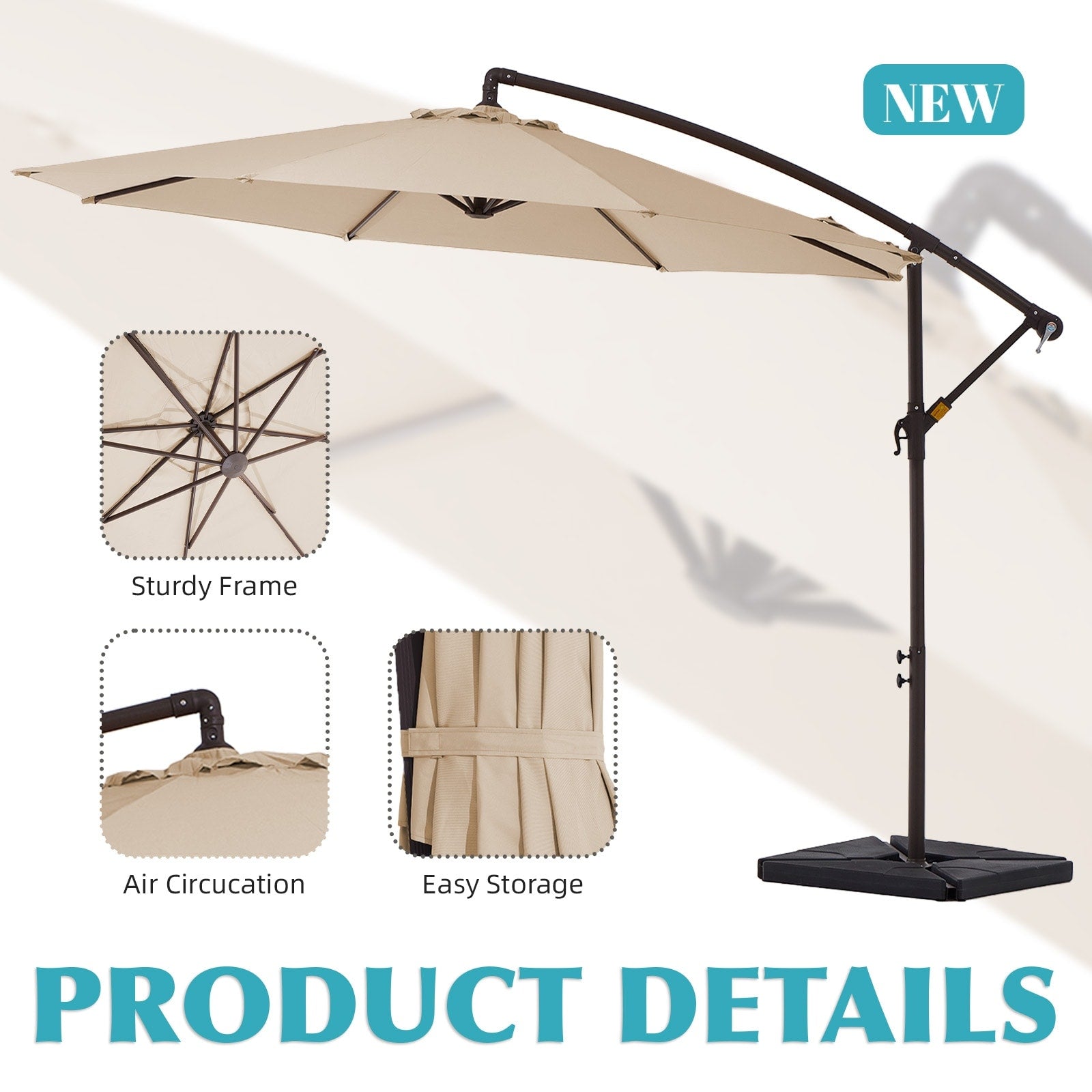 10 Fuß großer, freitragender Stahlschirm mit Kurbelmechanismus und beschwertem Fuß