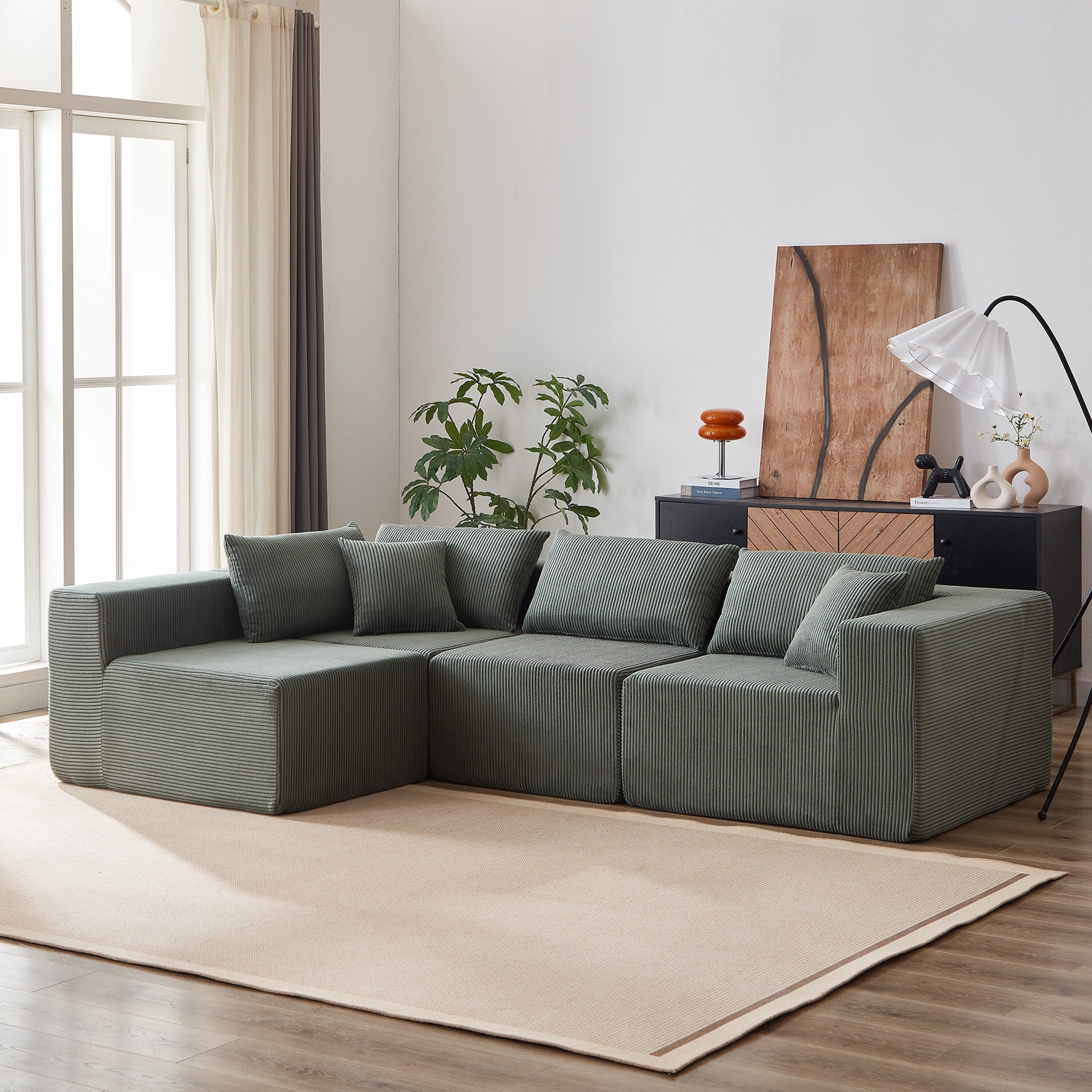 Modulares L-förmiges Ecksofa aus Cord (264 cm), Bodensofa-Set, Schaumstoff-Kombinationssofa, 4-teiliges Set zur freien Kombination
