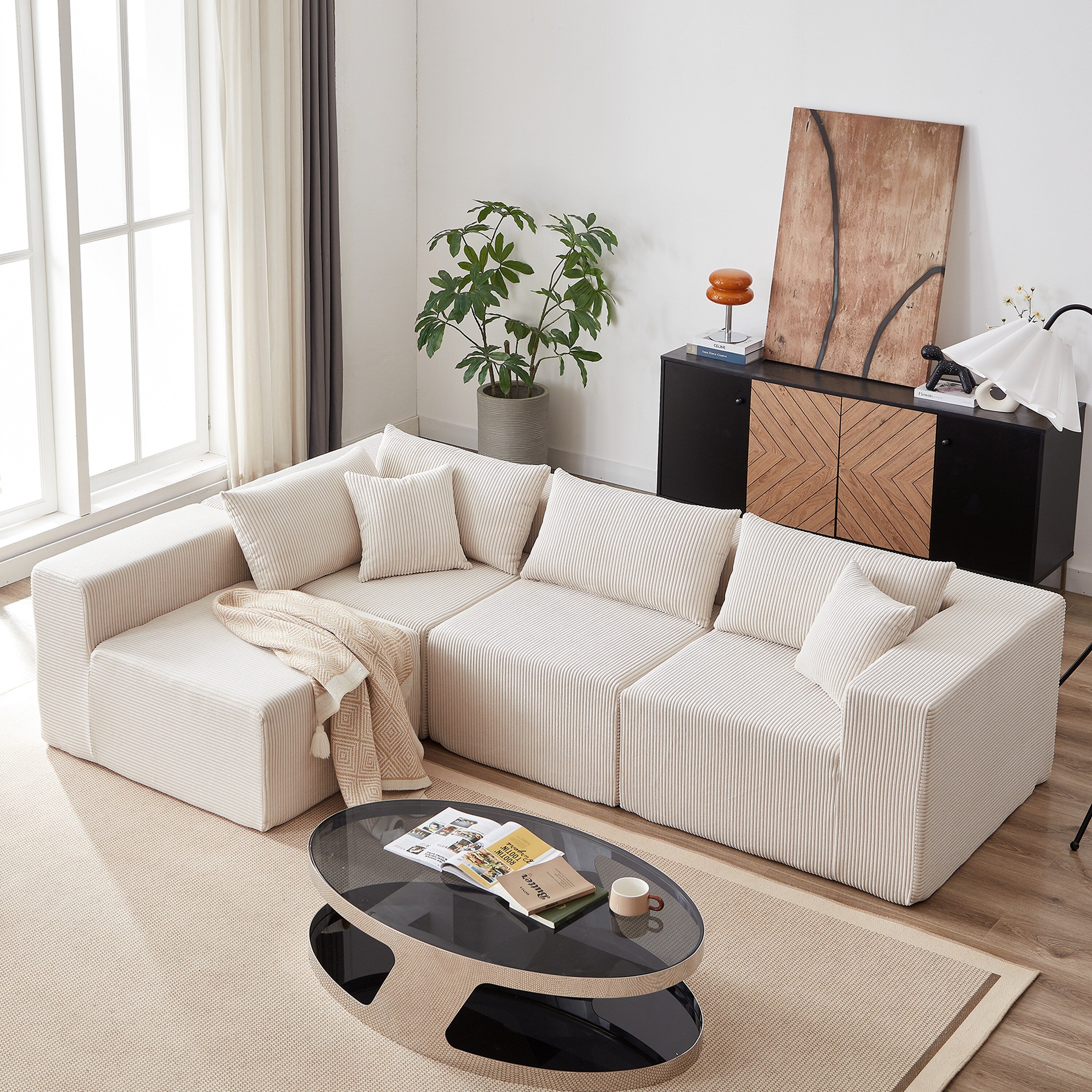 Modulares L-förmiges Ecksofa aus Cord (264 cm), Bodensofa-Set, Schaumstoff-Kombinationssofa, 4-teiliges Set zur freien Kombination