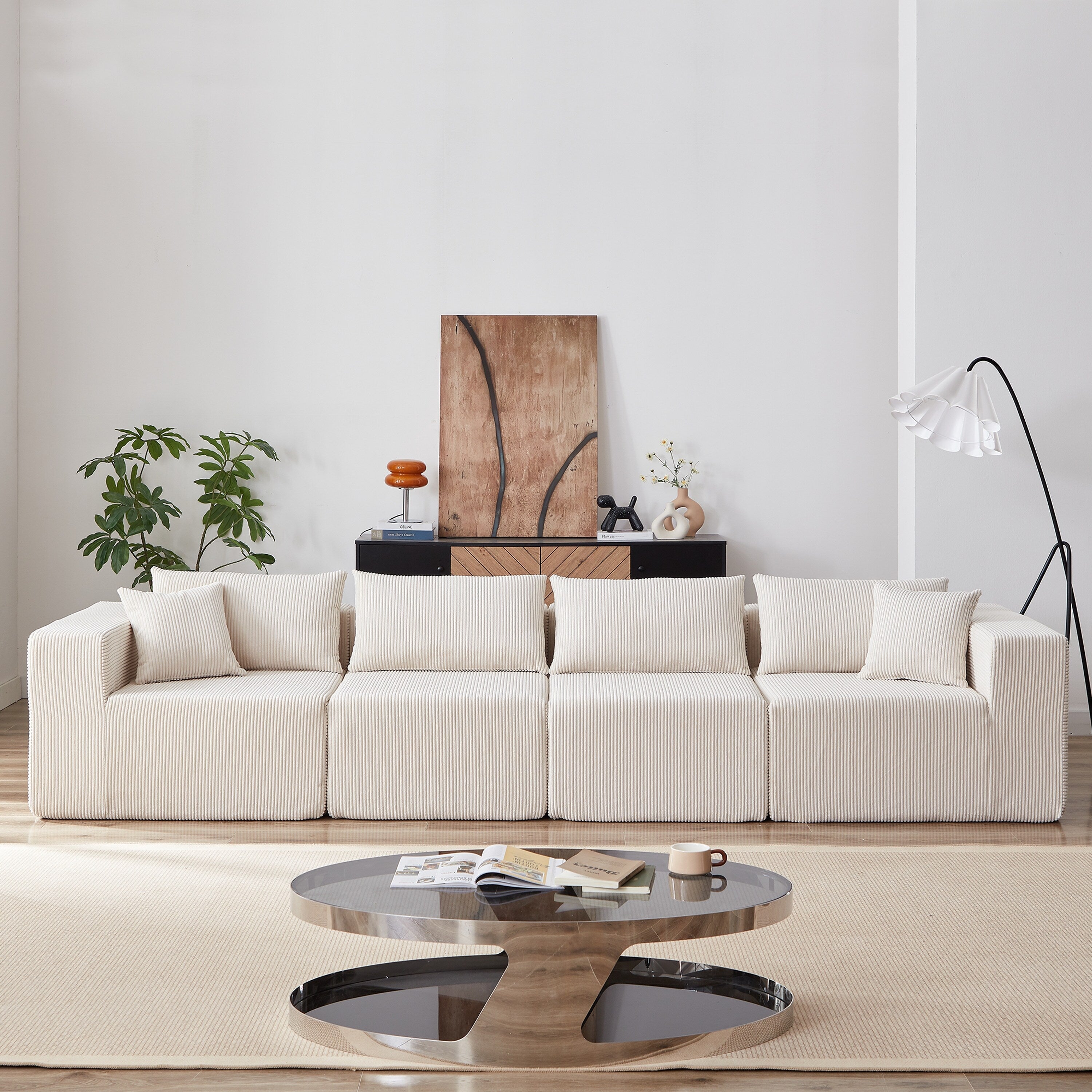 Modulares L-förmiges Ecksofa aus Cord (264 cm), Bodensofa-Set, Schaumstoff-Kombinationssofa, 4-teiliges Set zur freien Kombination
