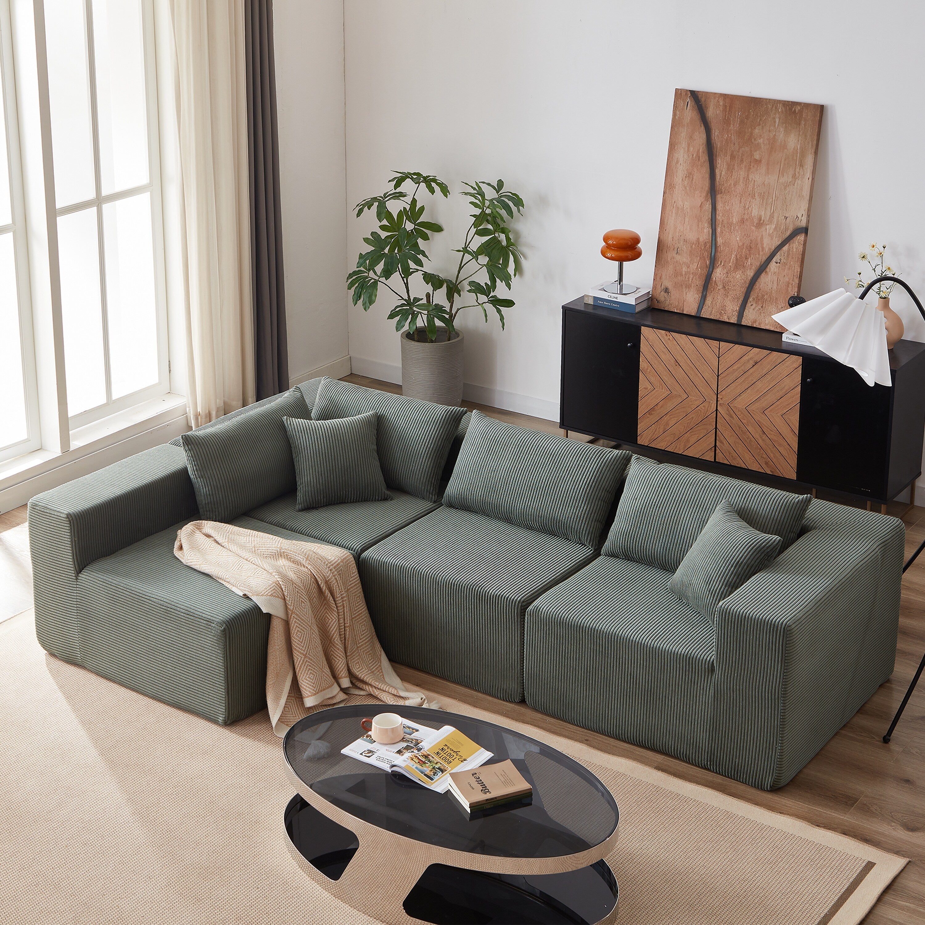 Modulares L-förmiges Ecksofa aus Cord (264 cm), Bodensofa-Set, Schaumstoff-Kombinationssofa, 4-teiliges Set zur freien Kombination