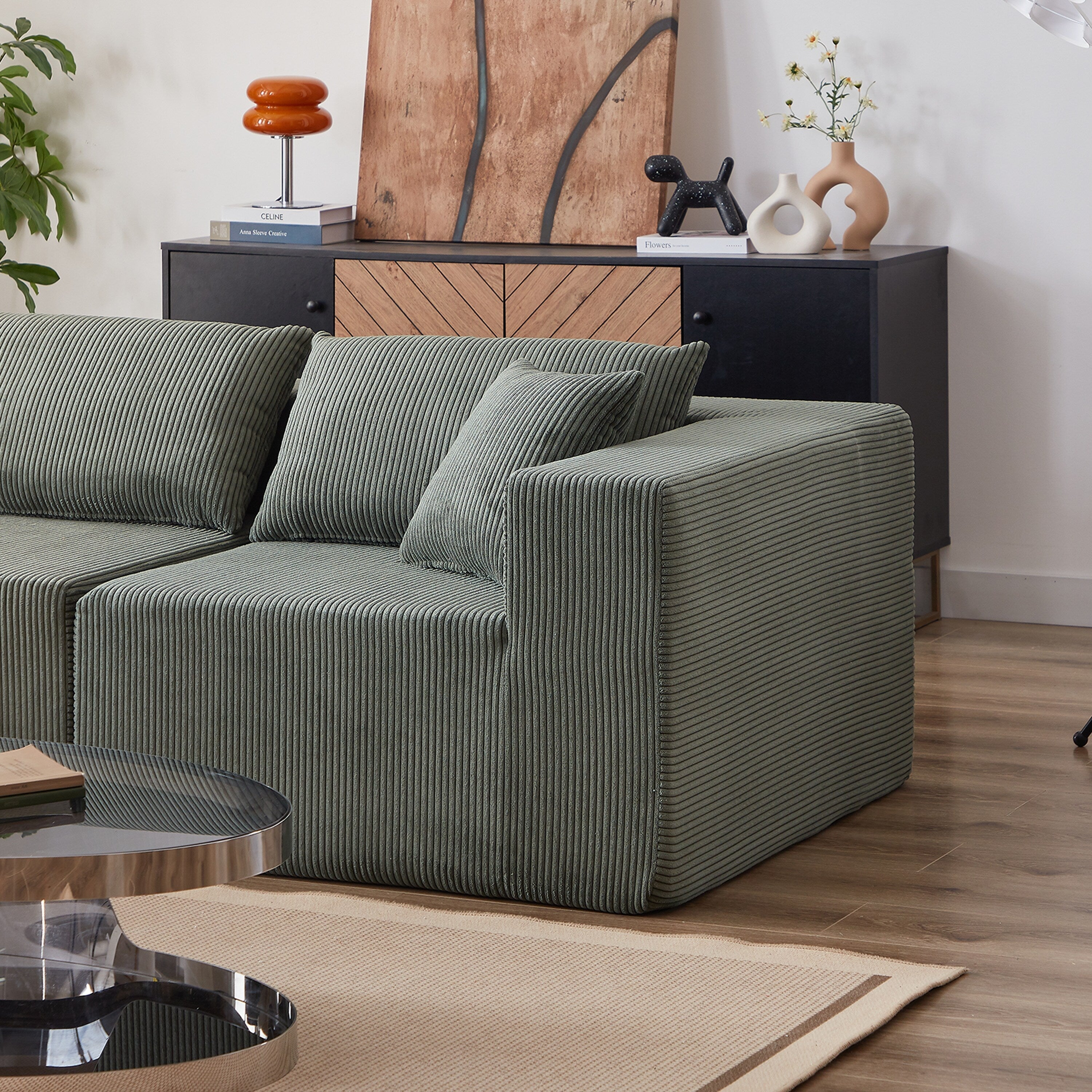 Modulares L-förmiges Ecksofa aus Cord (264 cm), Bodensofa-Set, Schaumstoff-Kombinationssofa, 4-teiliges Set zur freien Kombination