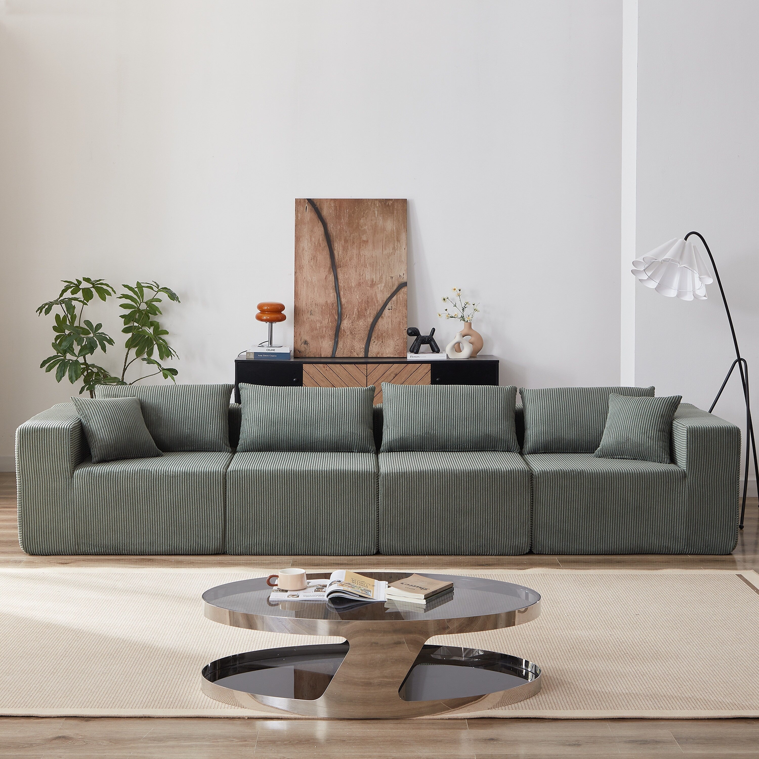Modulares L-förmiges Ecksofa aus Cord (264 cm), Bodensofa-Set, Schaumstoff-Kombinationssofa, 4-teiliges Set zur freien Kombination