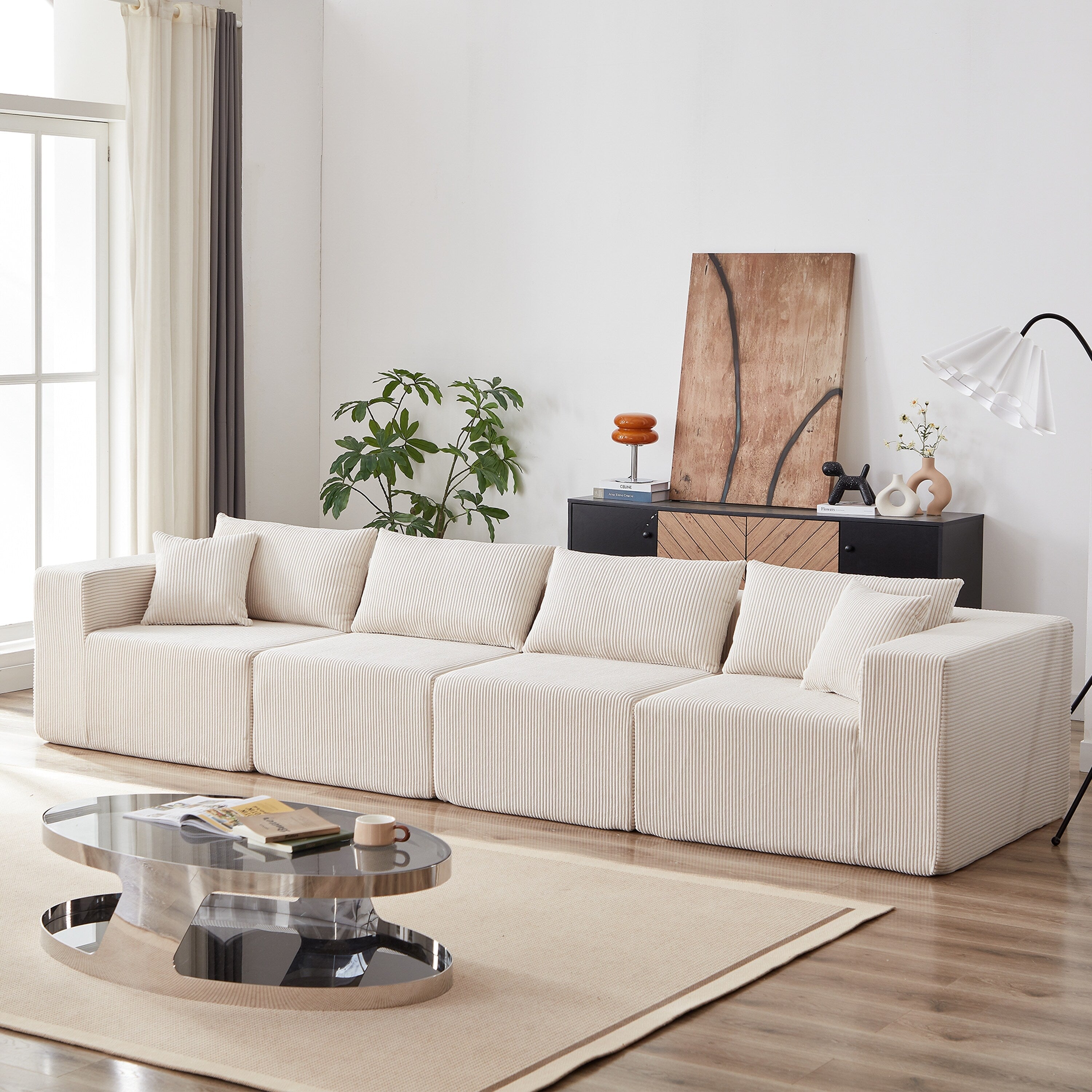 Modulares L-förmiges Ecksofa aus Cord (264 cm), Bodensofa-Set, Schaumstoff-Kombinationssofa, 4-teiliges Set zur freien Kombination