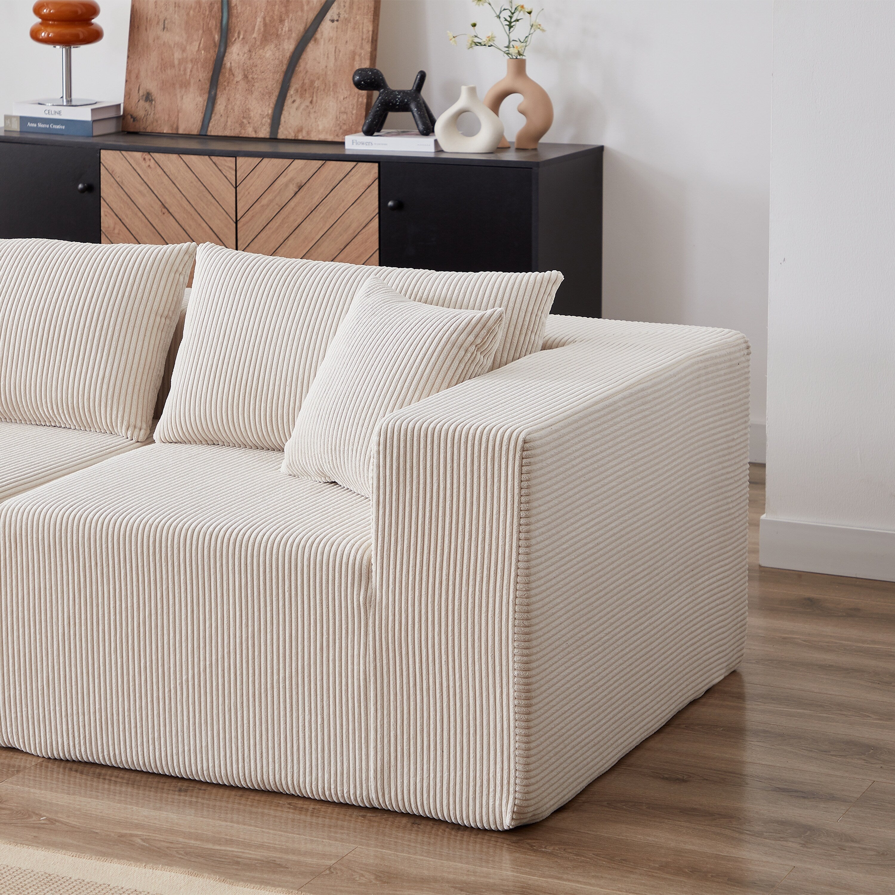 Modulares L-förmiges Ecksofa aus Cord (264 cm), Bodensofa-Set, Schaumstoff-Kombinationssofa, 4-teiliges Set zur freien Kombination