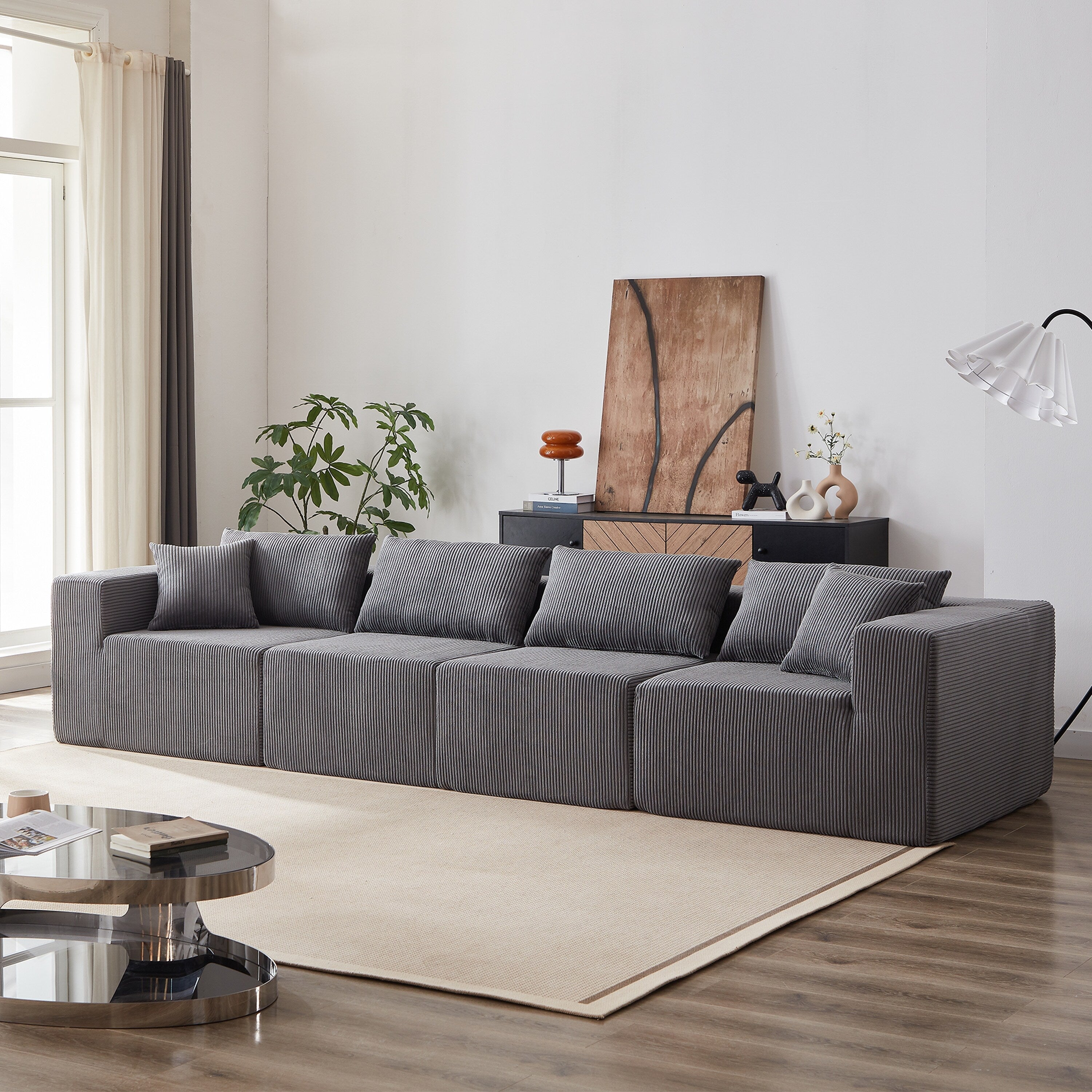 Modulares L-förmiges Ecksofa aus Cord (264 cm), Bodensofa-Set, Schaumstoff-Kombinationssofa, 4-teiliges Set zur freien Kombination