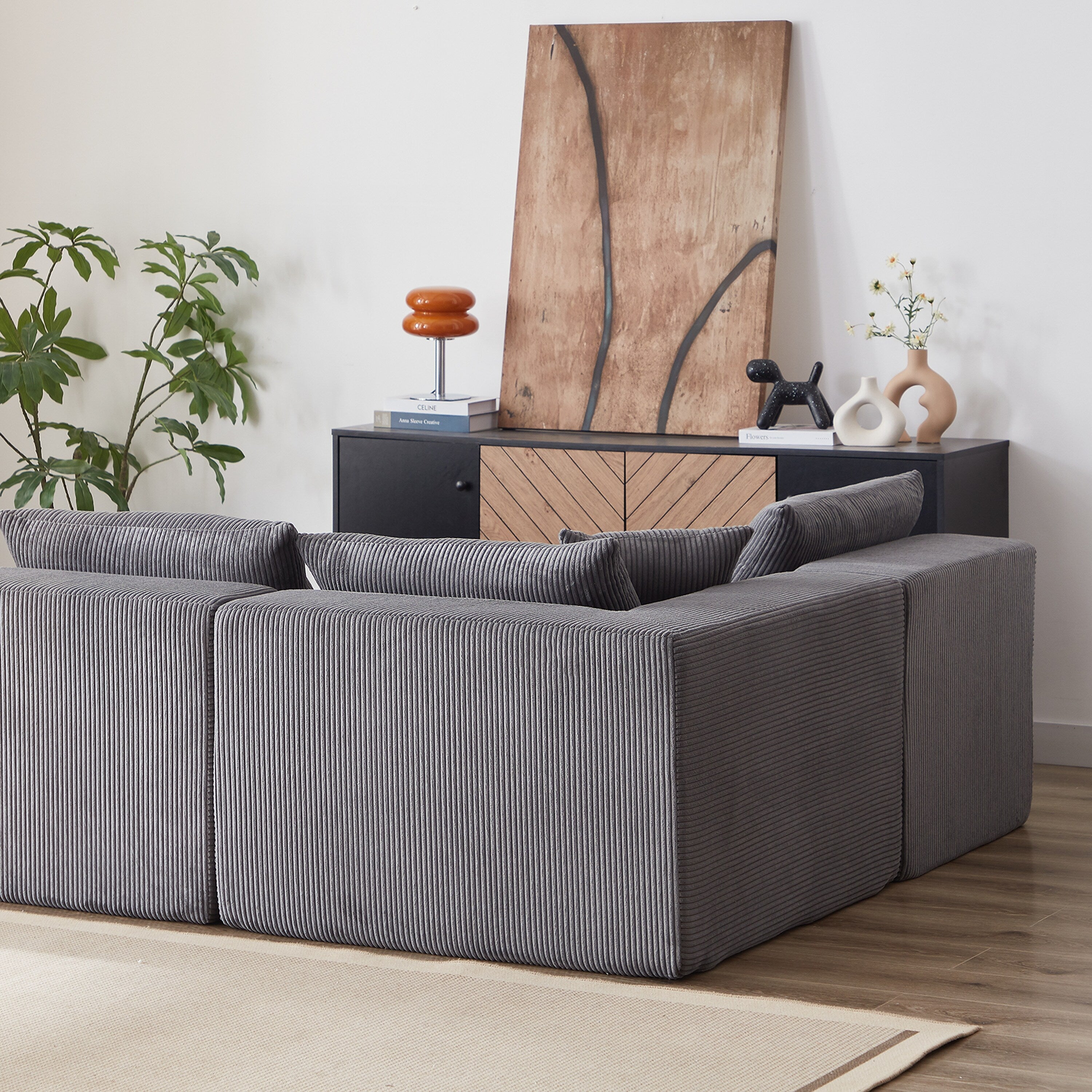 Modulares L-förmiges Ecksofa aus Cord (264 cm), Bodensofa-Set, Schaumstoff-Kombinationssofa, 4-teiliges Set zur freien Kombination