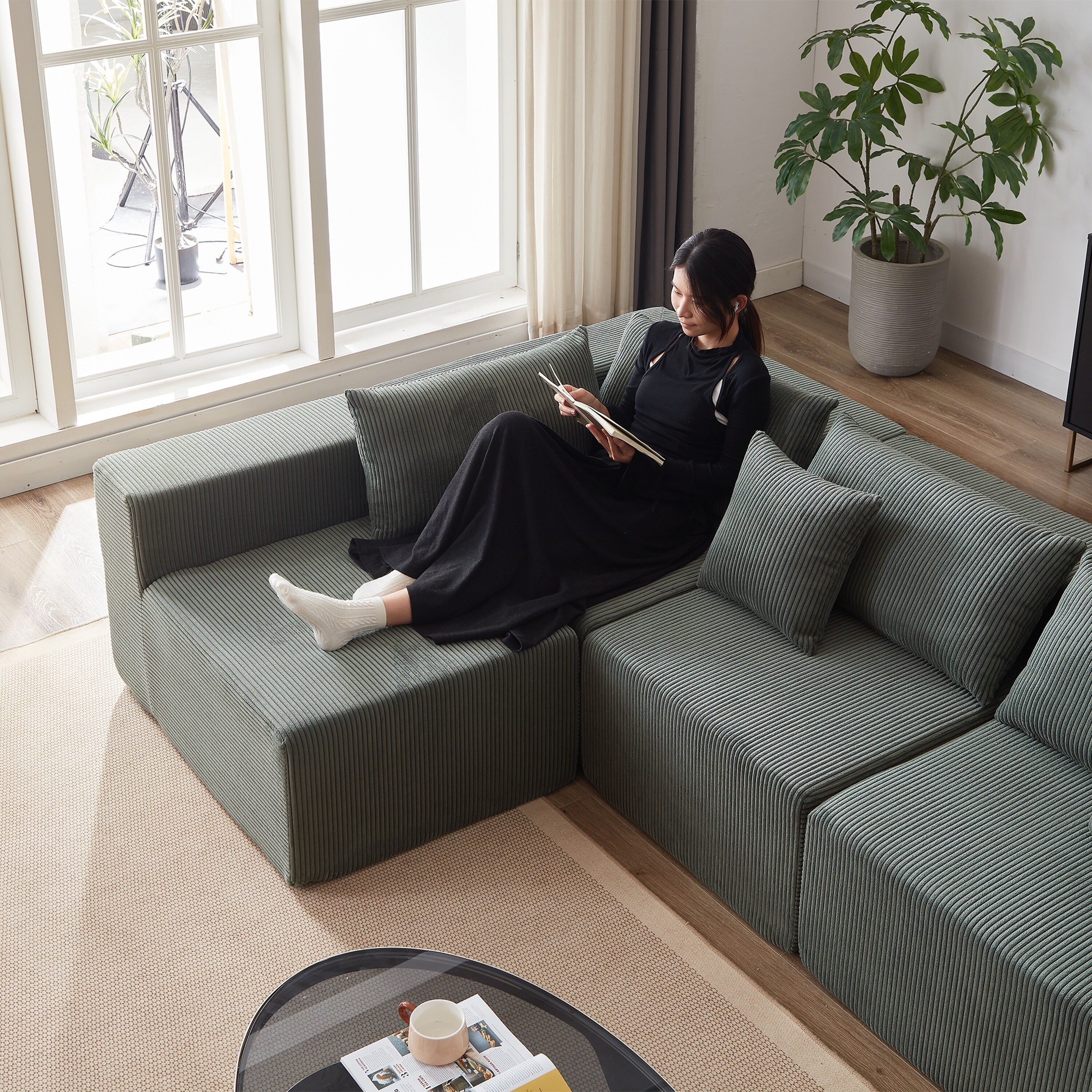 Modulares L-förmiges Ecksofa aus Cord (264 cm), Bodensofa-Set, Schaumstoff-Kombinationssofa, 4-teiliges Set zur freien Kombination