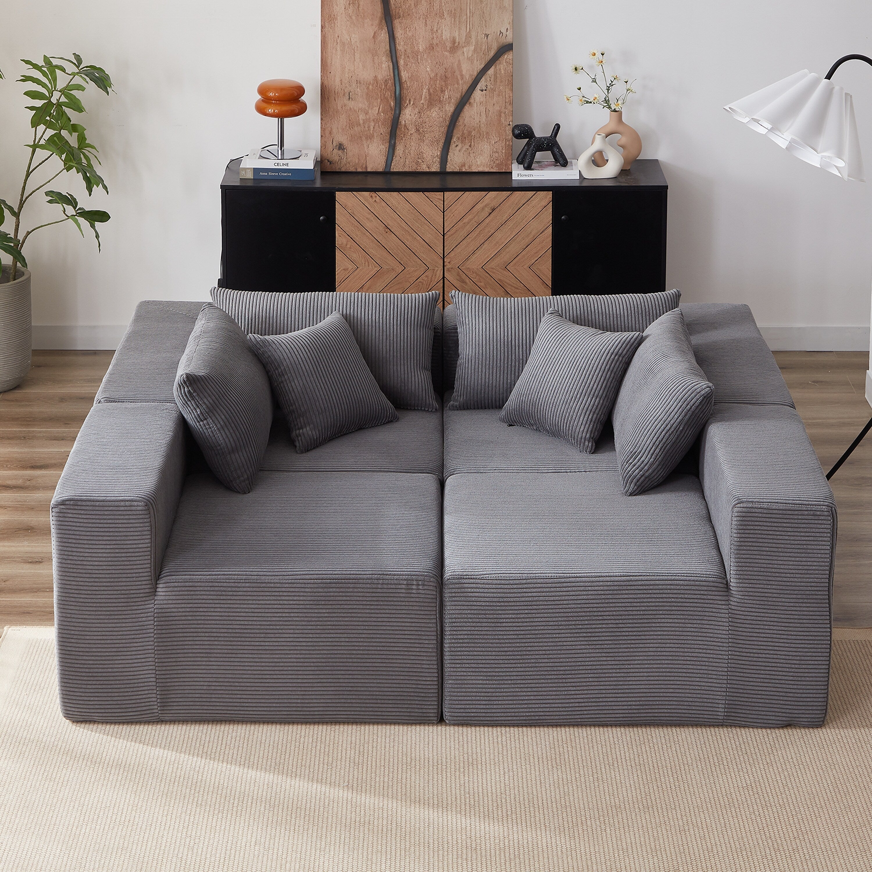 Modulares L-förmiges Ecksofa aus Cord (264 cm), Bodensofa-Set, Schaumstoff-Kombinationssofa, 4-teiliges Set zur freien Kombination