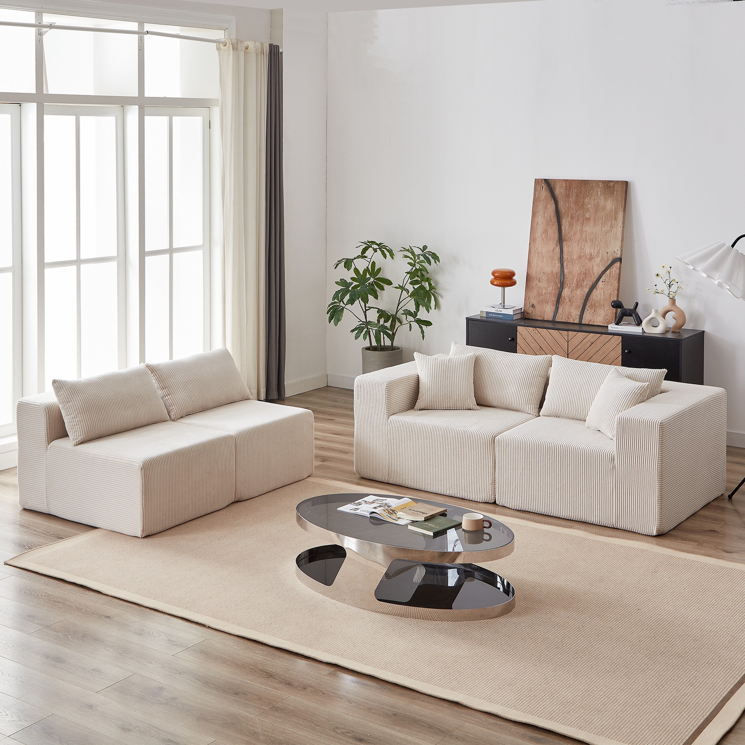 Modulares L-förmiges Ecksofa aus Cord (264 cm), Bodensofa-Set, Schaumstoff-Kombinationssofa, 4-teiliges Set zur freien Kombination