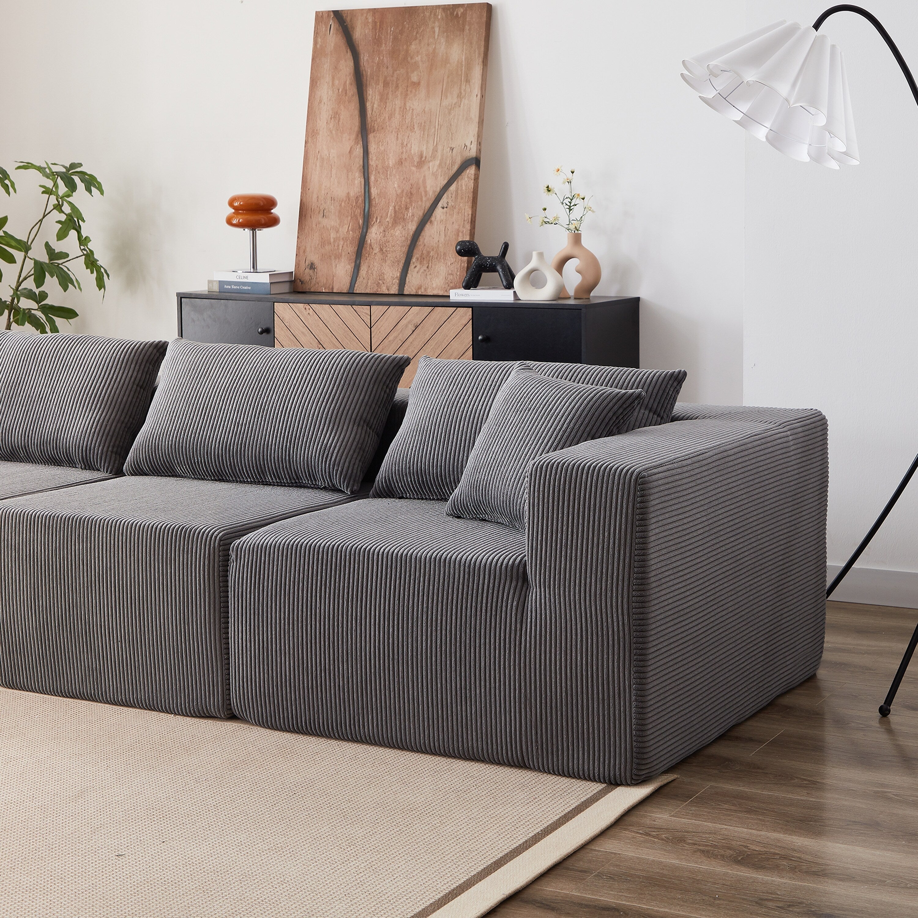 Modulares L-förmiges Ecksofa aus Cord (264 cm), Bodensofa-Set, Schaumstoff-Kombinationssofa, 4-teiliges Set zur freien Kombination