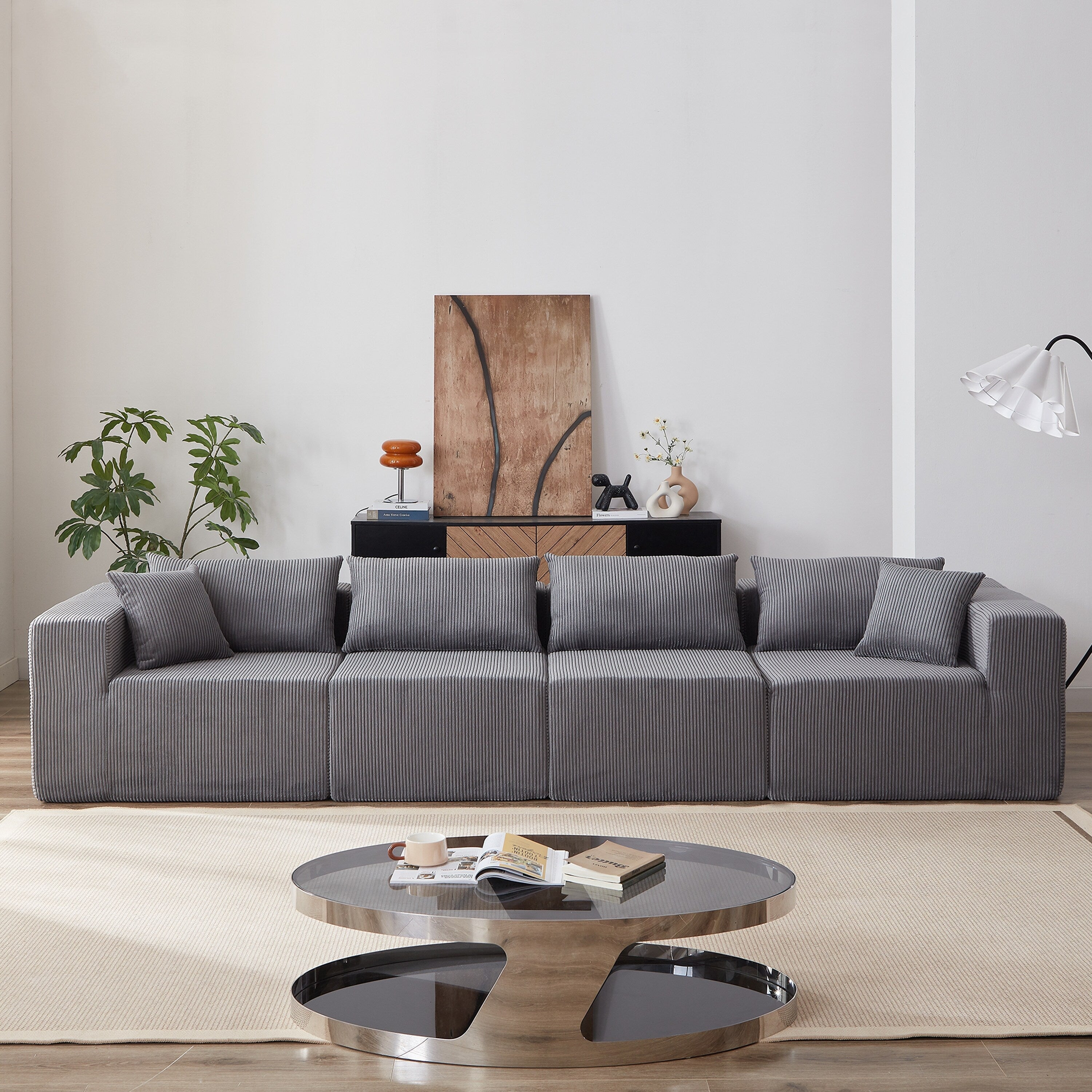 Modulares L-förmiges Ecksofa aus Cord (264 cm), Bodensofa-Set, Schaumstoff-Kombinationssofa, 4-teiliges Set zur freien Kombination