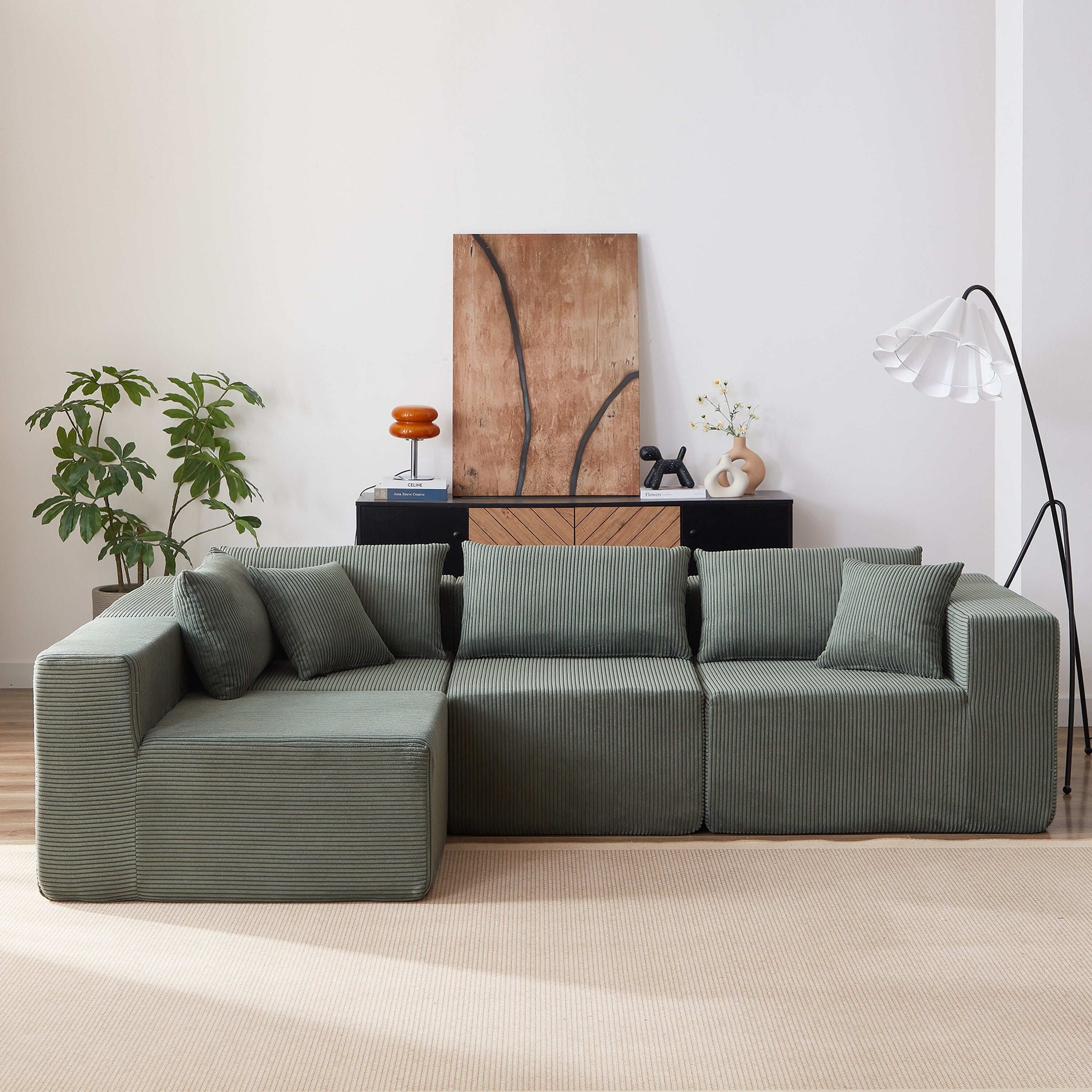Modulares L-förmiges Ecksofa aus Cord (264 cm), Bodensofa-Set, Schaumstoff-Kombinationssofa, 4-teiliges Set zur freien Kombination