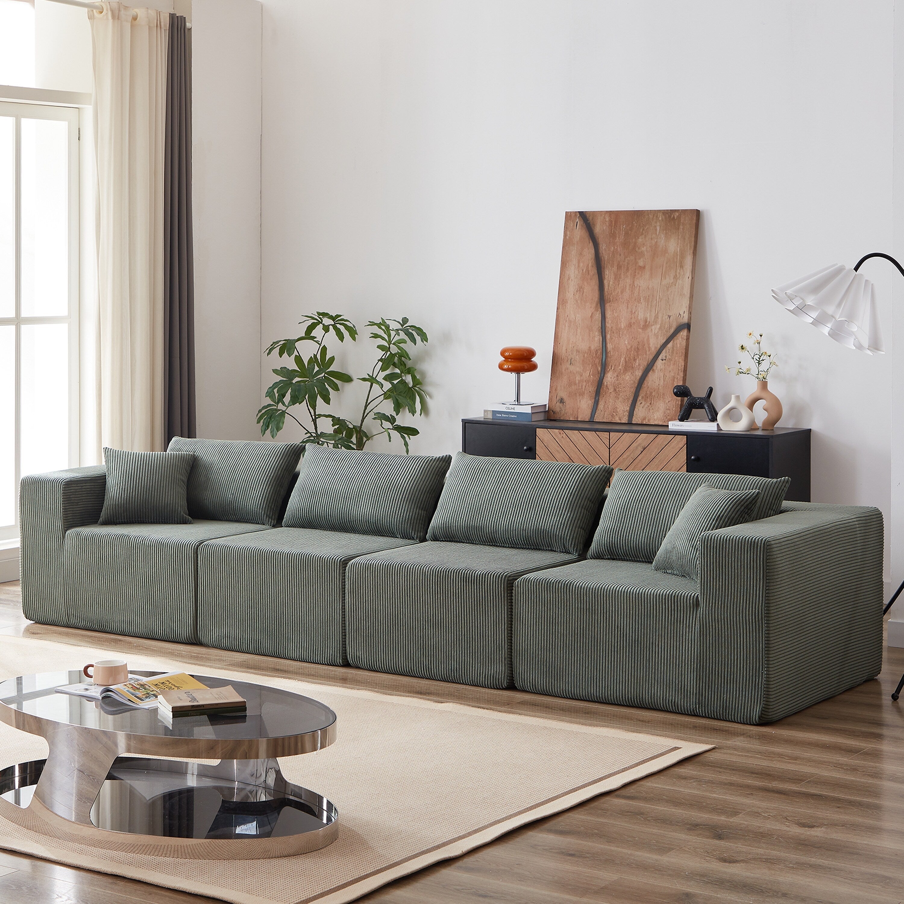 Modulares L-förmiges Ecksofa aus Cord (264 cm), Bodensofa-Set, Schaumstoff-Kombinationssofa, 4-teiliges Set zur freien Kombination