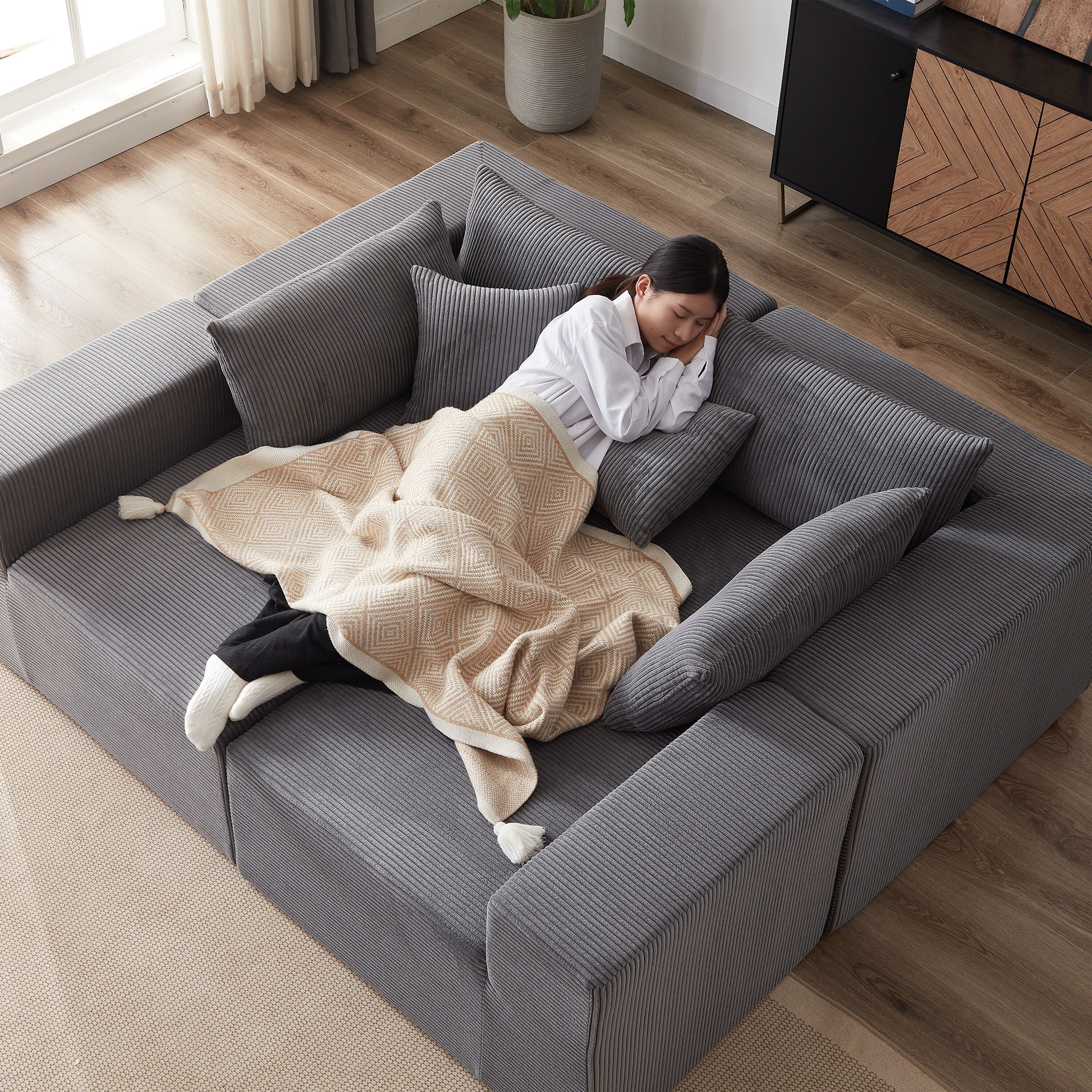 Modulares L-förmiges Ecksofa aus Cord (264 cm), Bodensofa-Set, Schaumstoff-Kombinationssofa, 4-teiliges Set zur freien Kombination