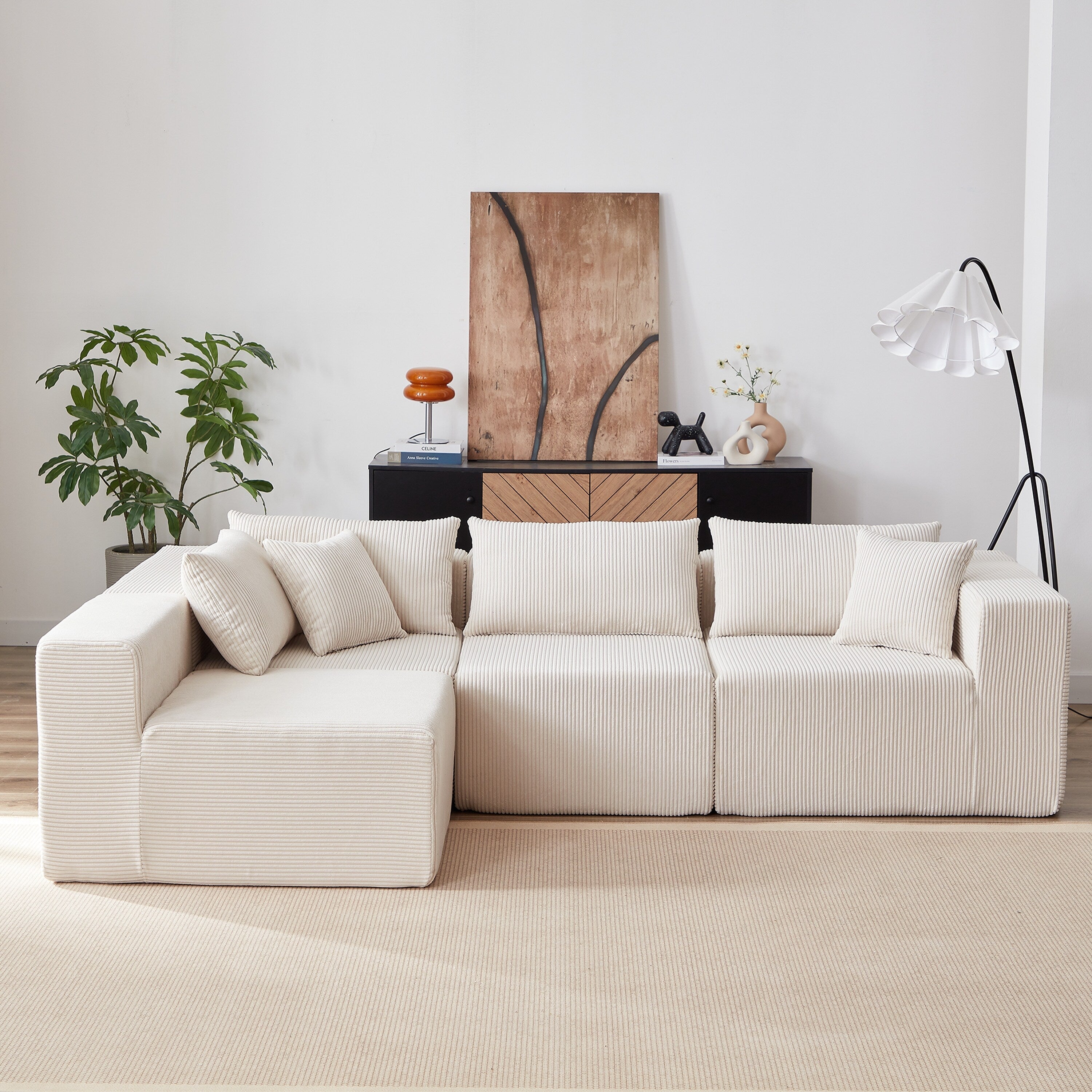 Modulares L-förmiges Ecksofa aus Cord (264 cm), Bodensofa-Set, Schaumstoff-Kombinationssofa, 4-teiliges Set zur freien Kombination
