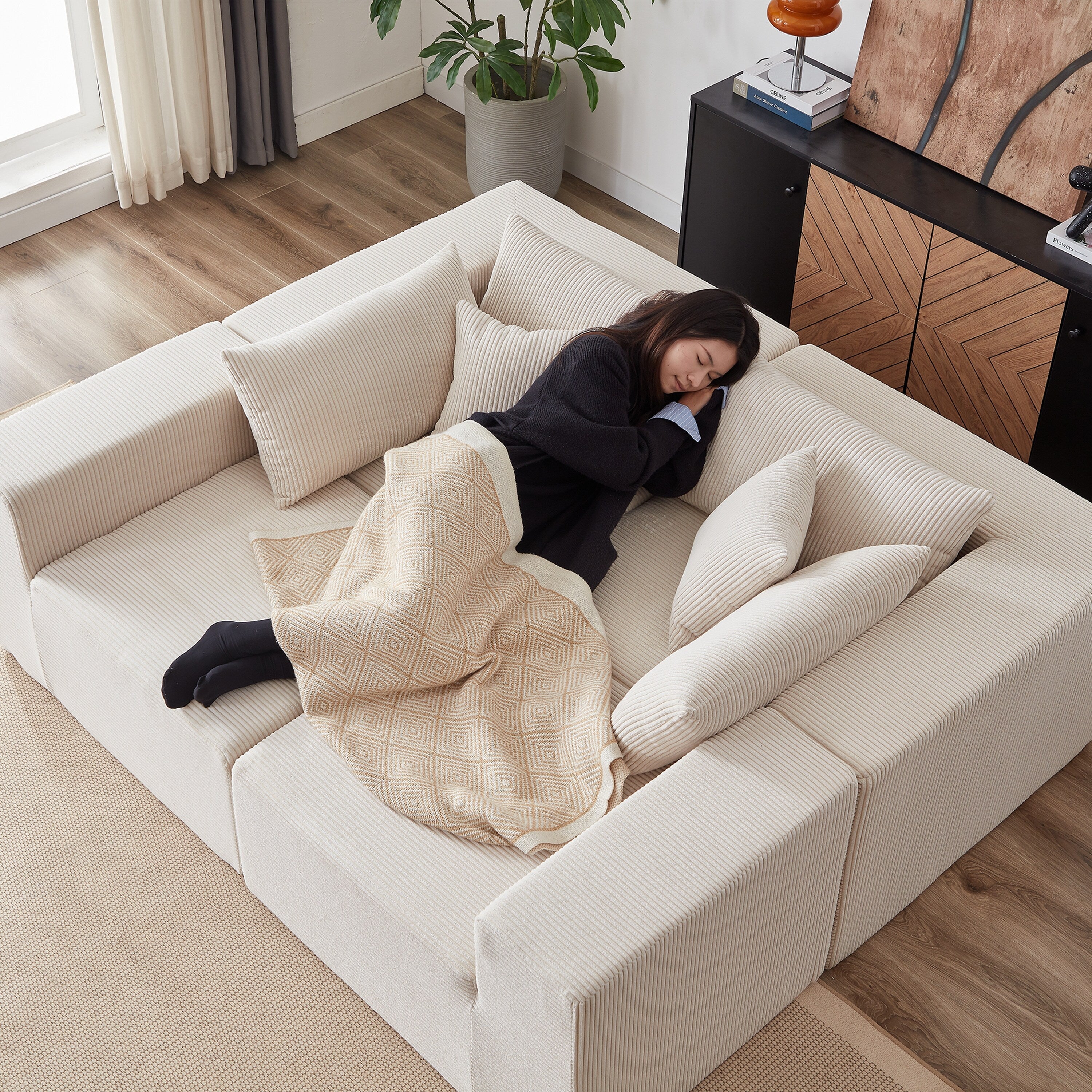 Modulares L-förmiges Ecksofa aus Cord (264 cm), Bodensofa-Set, Schaumstoff-Kombinationssofa, 4-teiliges Set zur freien Kombination