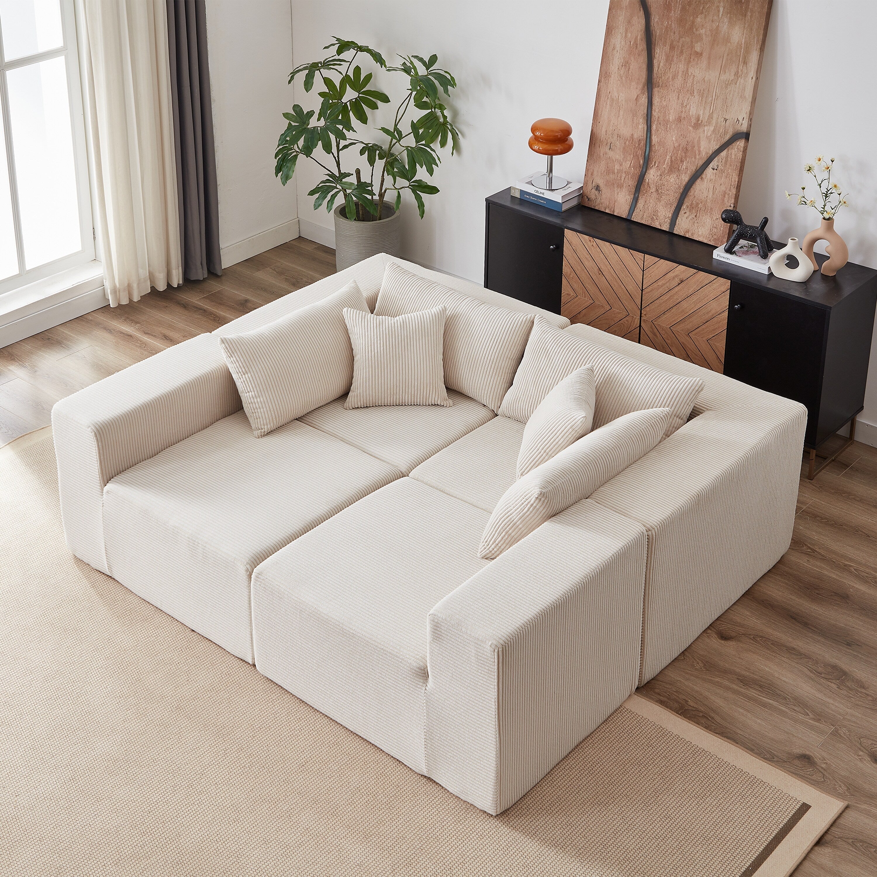 Modulares L-förmiges Ecksofa aus Cord (264 cm), Bodensofa-Set, Schaumstoff-Kombinationssofa, 4-teiliges Set zur freien Kombination