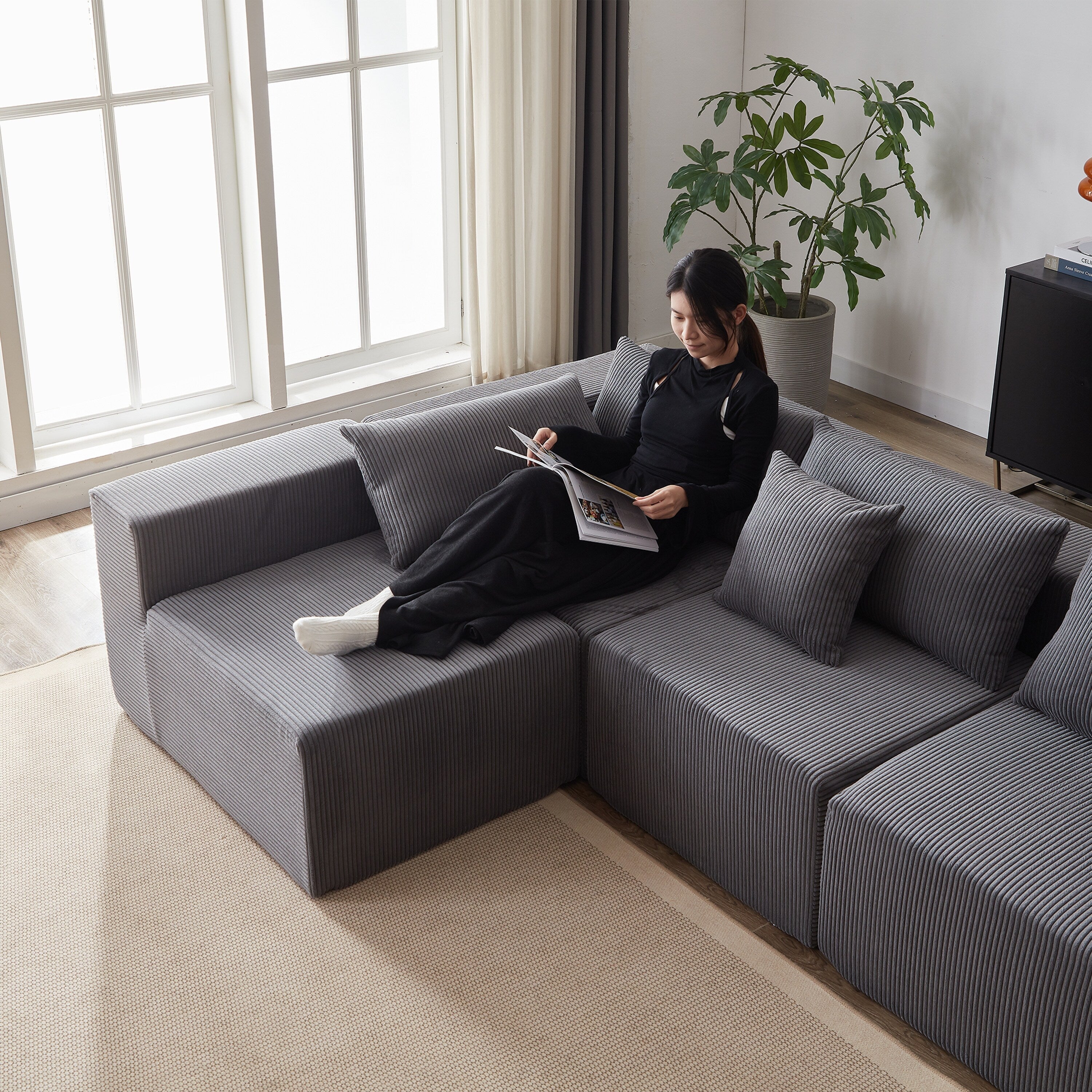 Modulares L-förmiges Ecksofa aus Cord (264 cm), Bodensofa-Set, Schaumstoff-Kombinationssofa, 4-teiliges Set zur freien Kombination