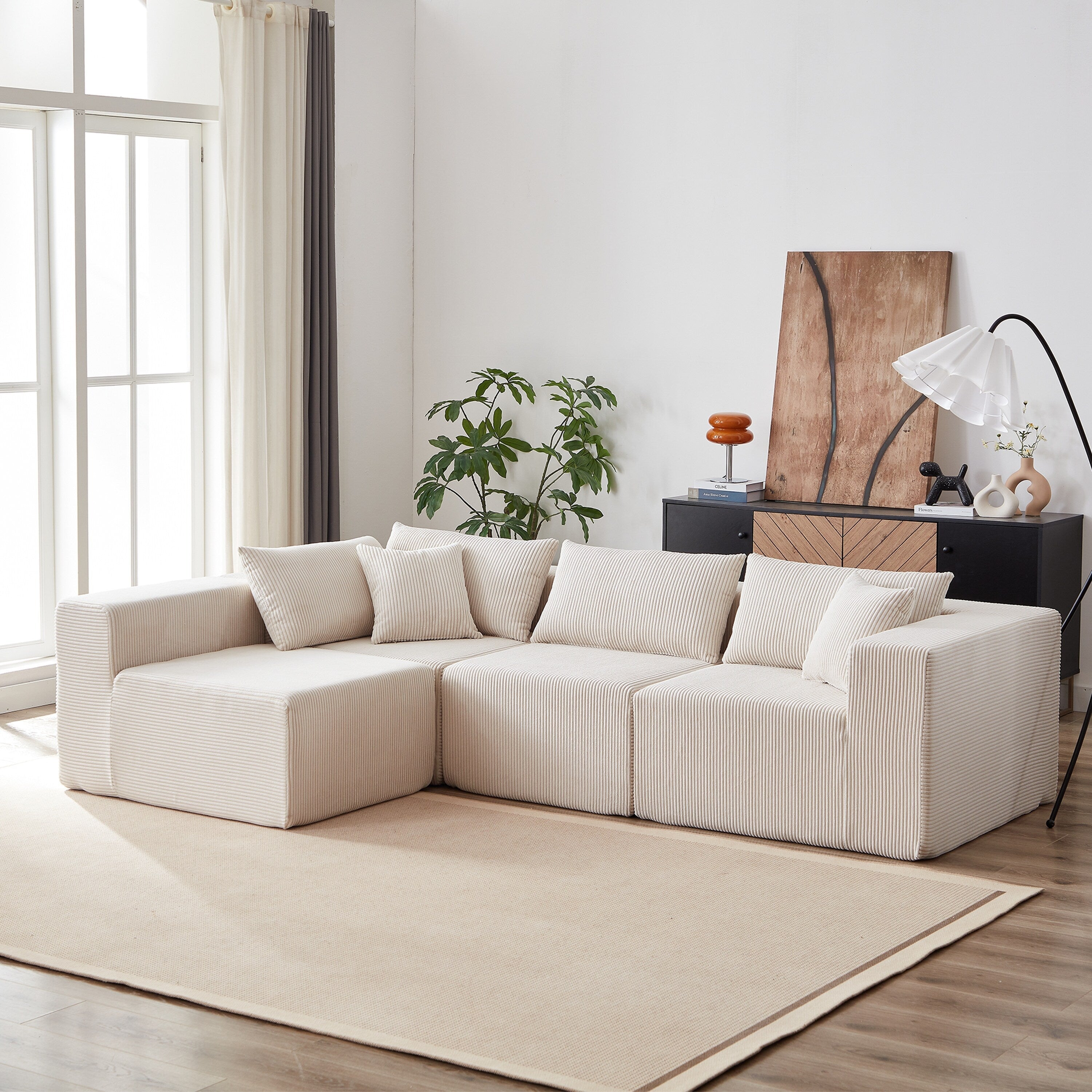 Modulares L-förmiges Ecksofa aus Cord (264 cm), Bodensofa-Set, Schaumstoff-Kombinationssofa, 4-teiliges Set zur freien Kombination