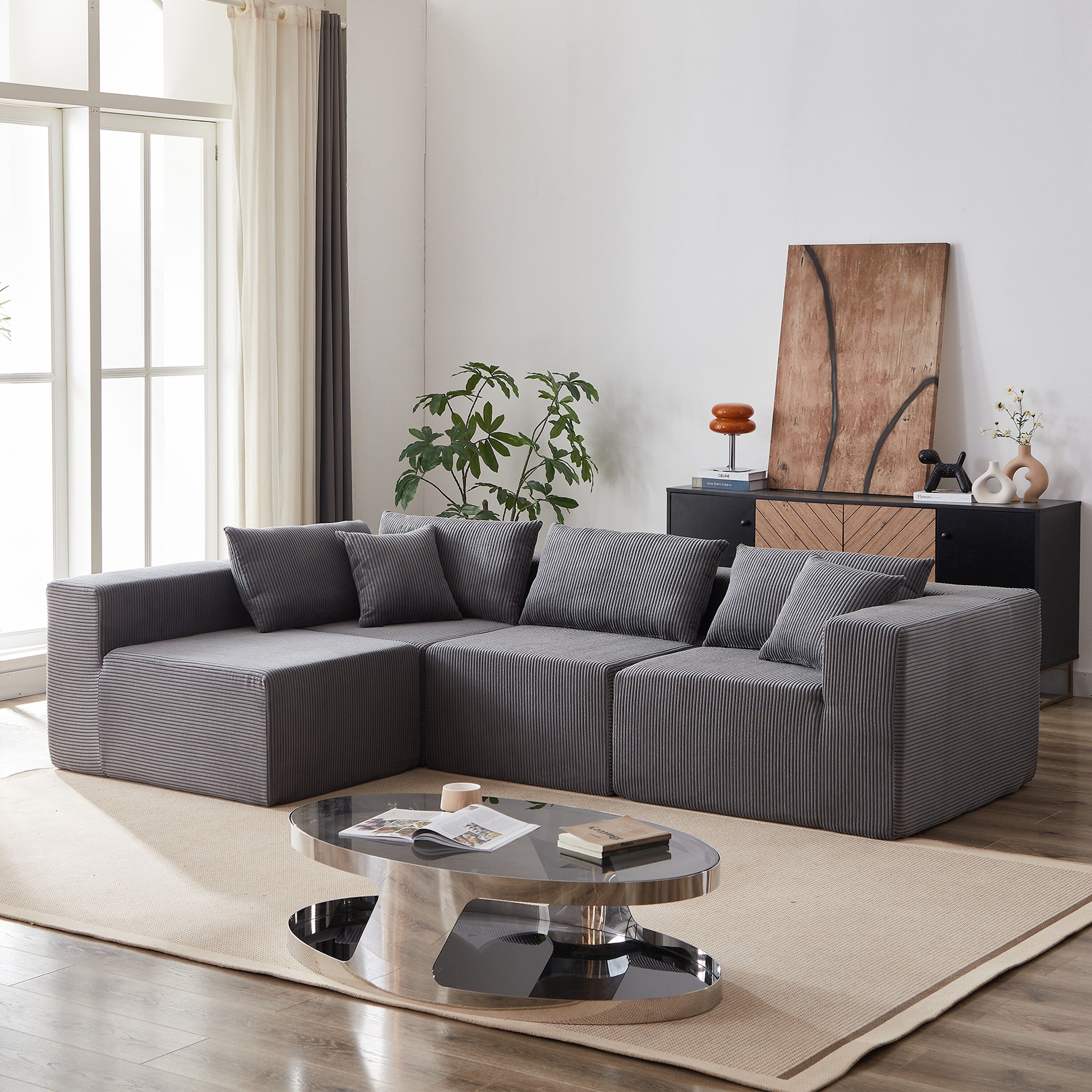 Modulares L-förmiges Ecksofa aus Cord (264 cm), Bodensofa-Set, Schaumstoff-Kombinationssofa, 4-teiliges Set zur freien Kombination