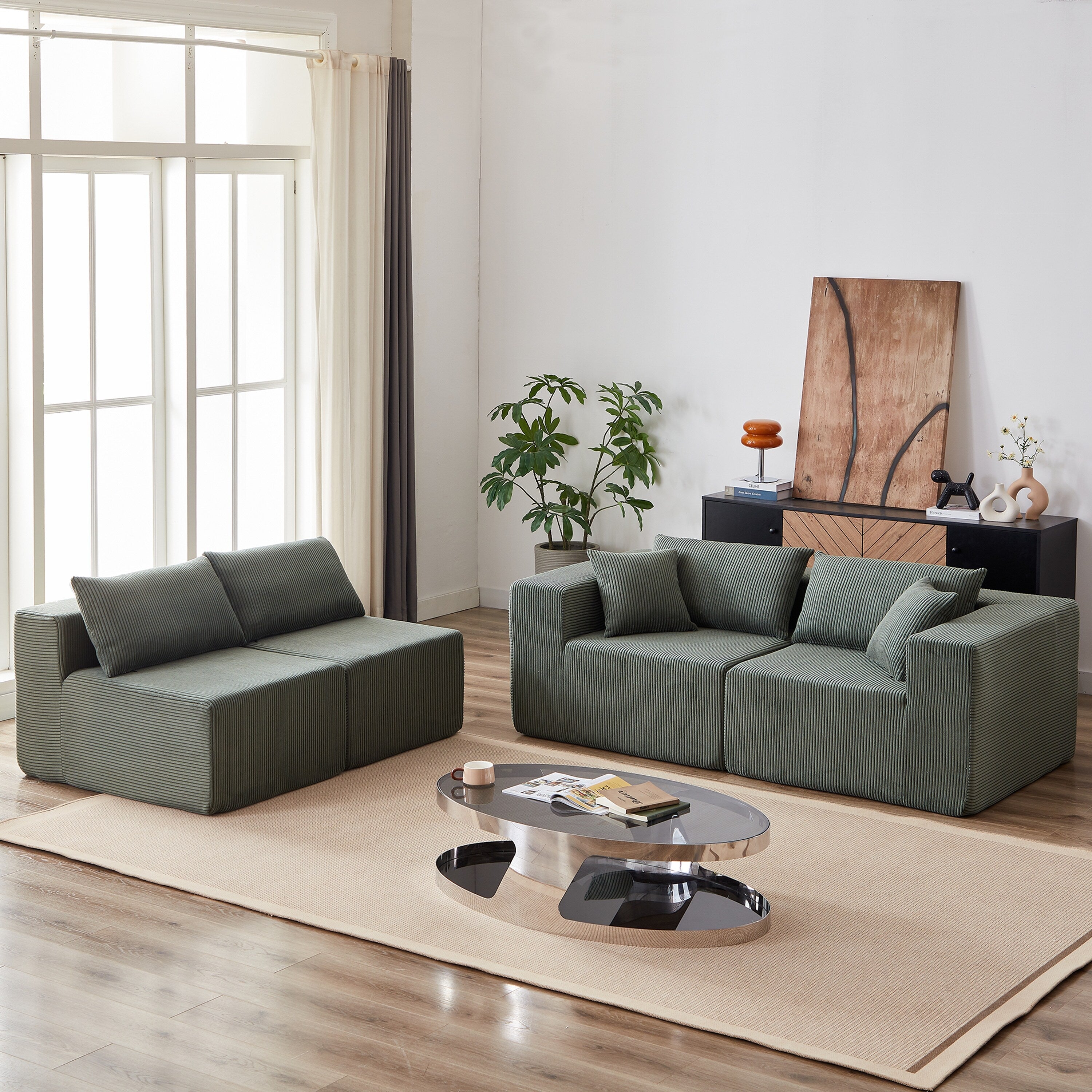 Modulares L-förmiges Ecksofa aus Cord (264 cm), Bodensofa-Set, Schaumstoff-Kombinationssofa, 4-teiliges Set zur freien Kombination