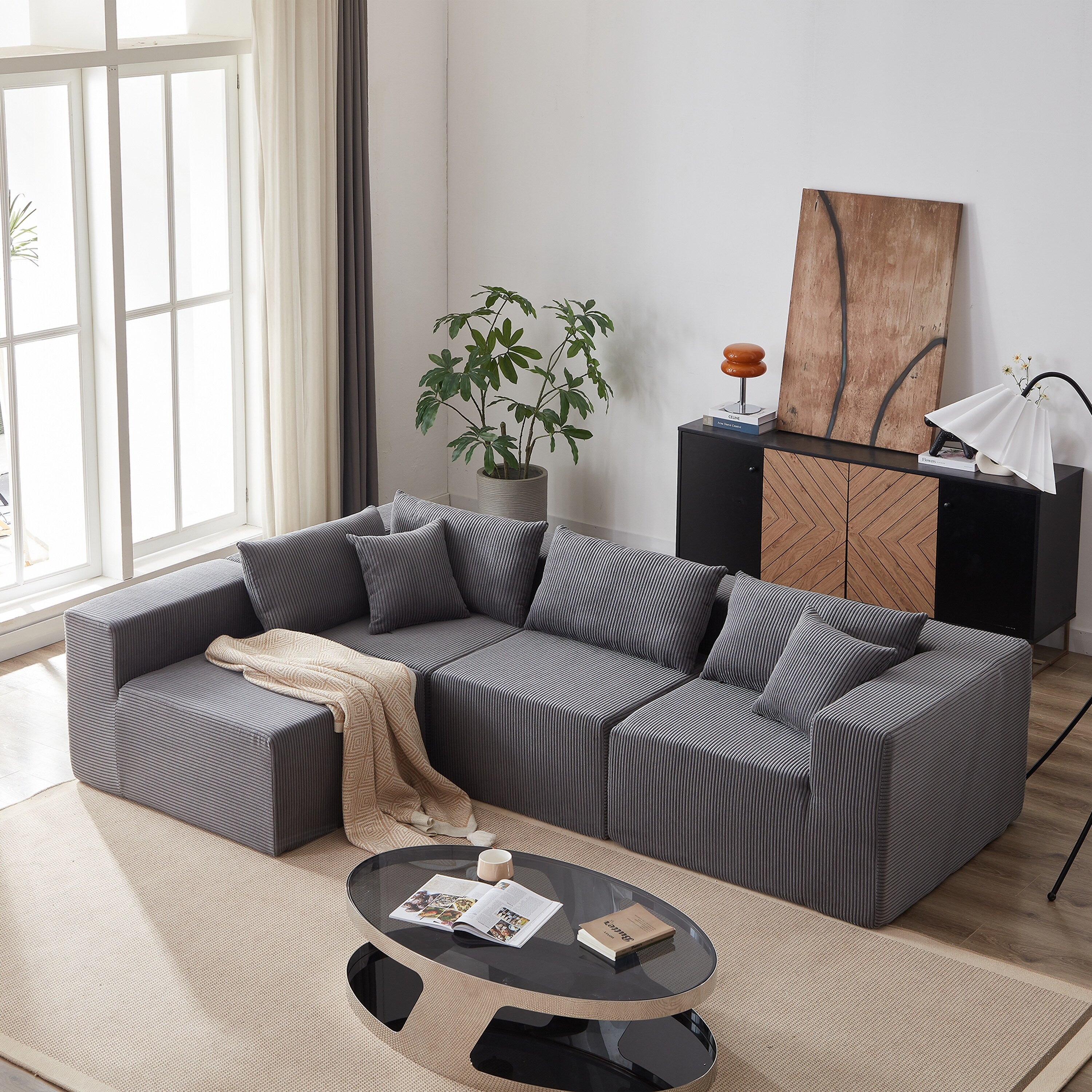 Modulares L-förmiges Ecksofa aus Cord (264 cm), Bodensofa-Set, Schaumstoff-Kombinationssofa, 4-teiliges Set zur freien Kombination