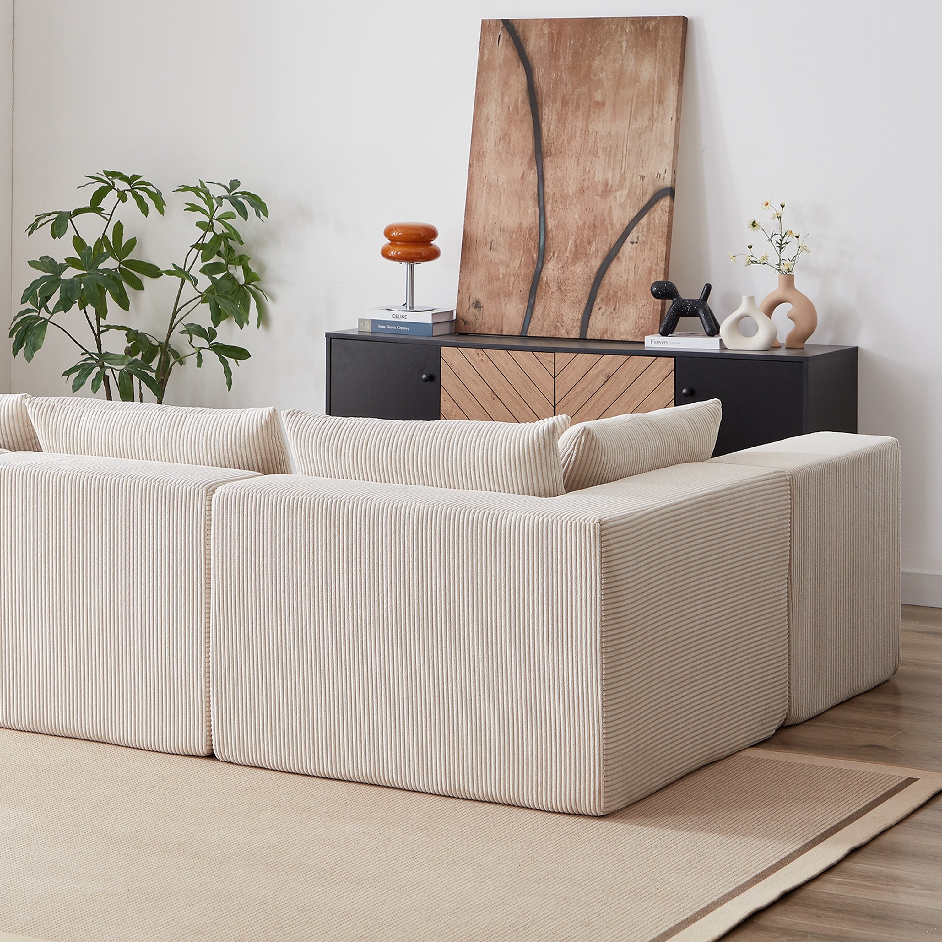 Modulares L-förmiges Ecksofa aus Cord (264 cm), Bodensofa-Set, Schaumstoff-Kombinationssofa, 4-teiliges Set zur freien Kombination