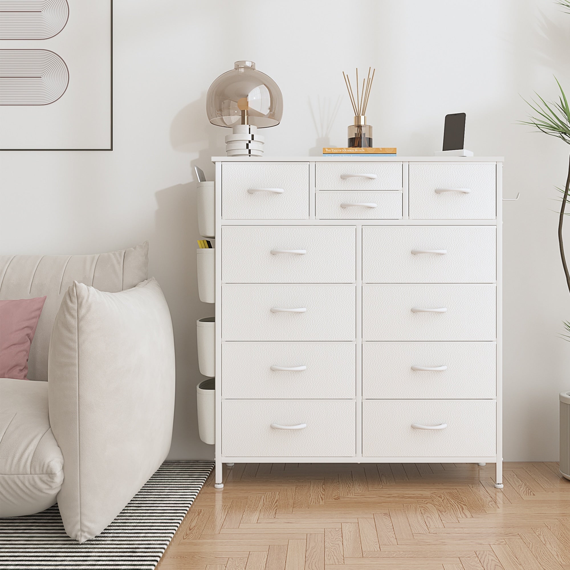 Kommode mit 12 Schubladen, hohe Stoffkommoden für das Schlafzimmer