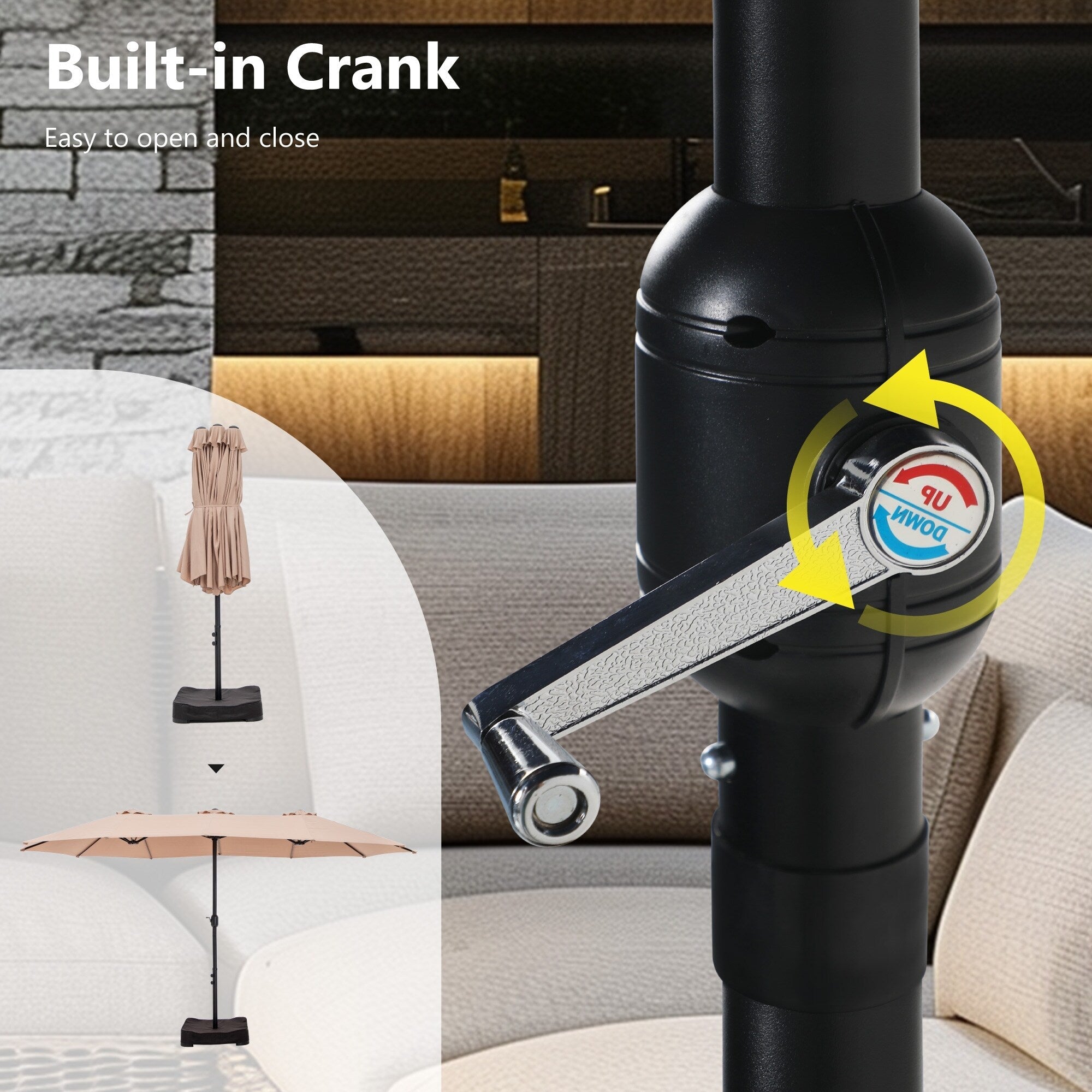 15 Fuß großer, rechteckiger, doppelseitiger Marktschirm mit Kurbelmechanismus, solarbetrieben mit LED-Beleuchtung und inklusive Ständer.