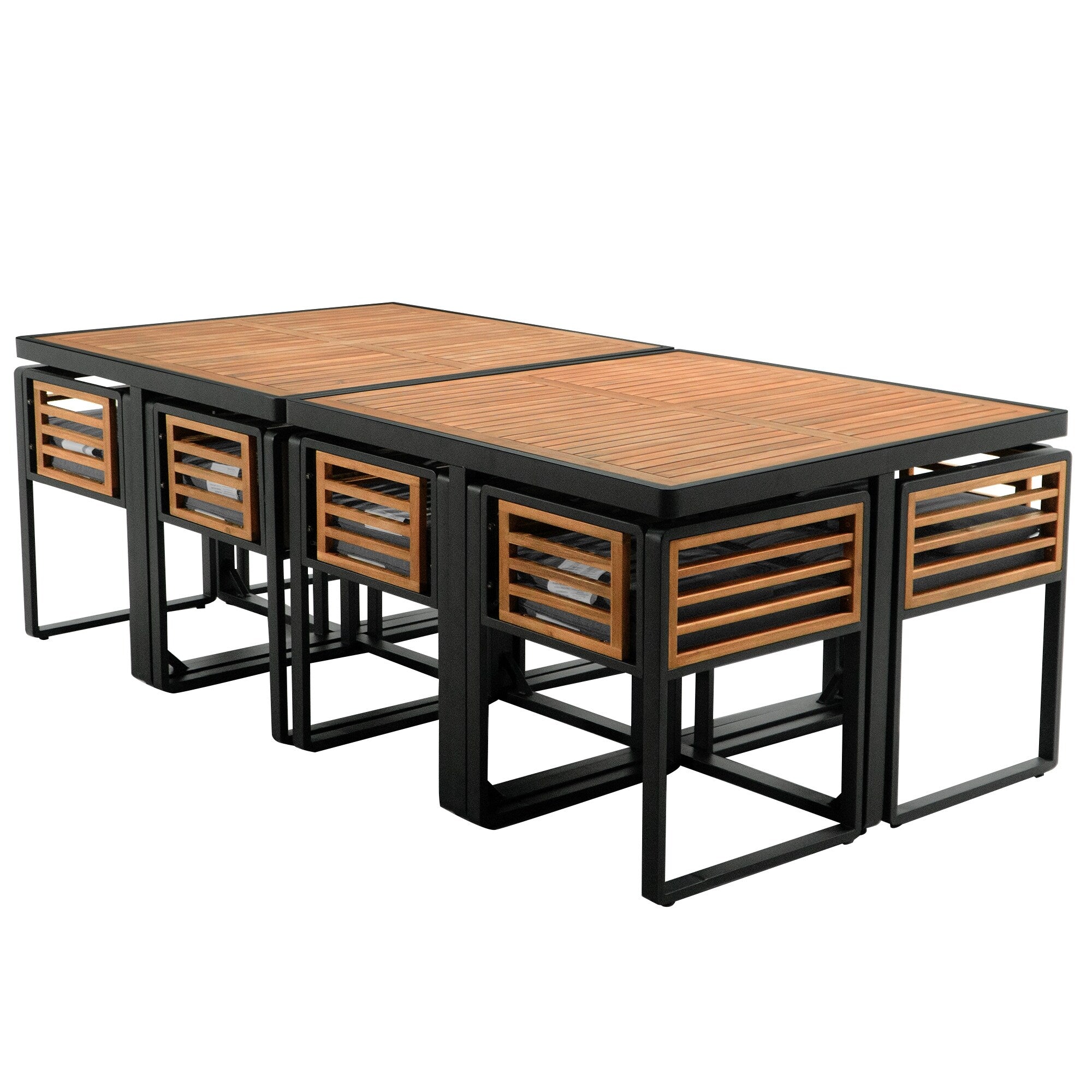 18-teiliges Essset aus Akazienholz für die Terrasse, bestehend aus 8 gepolsterten Stühlen, 8 Hockern und 2 quadratischen Tischen