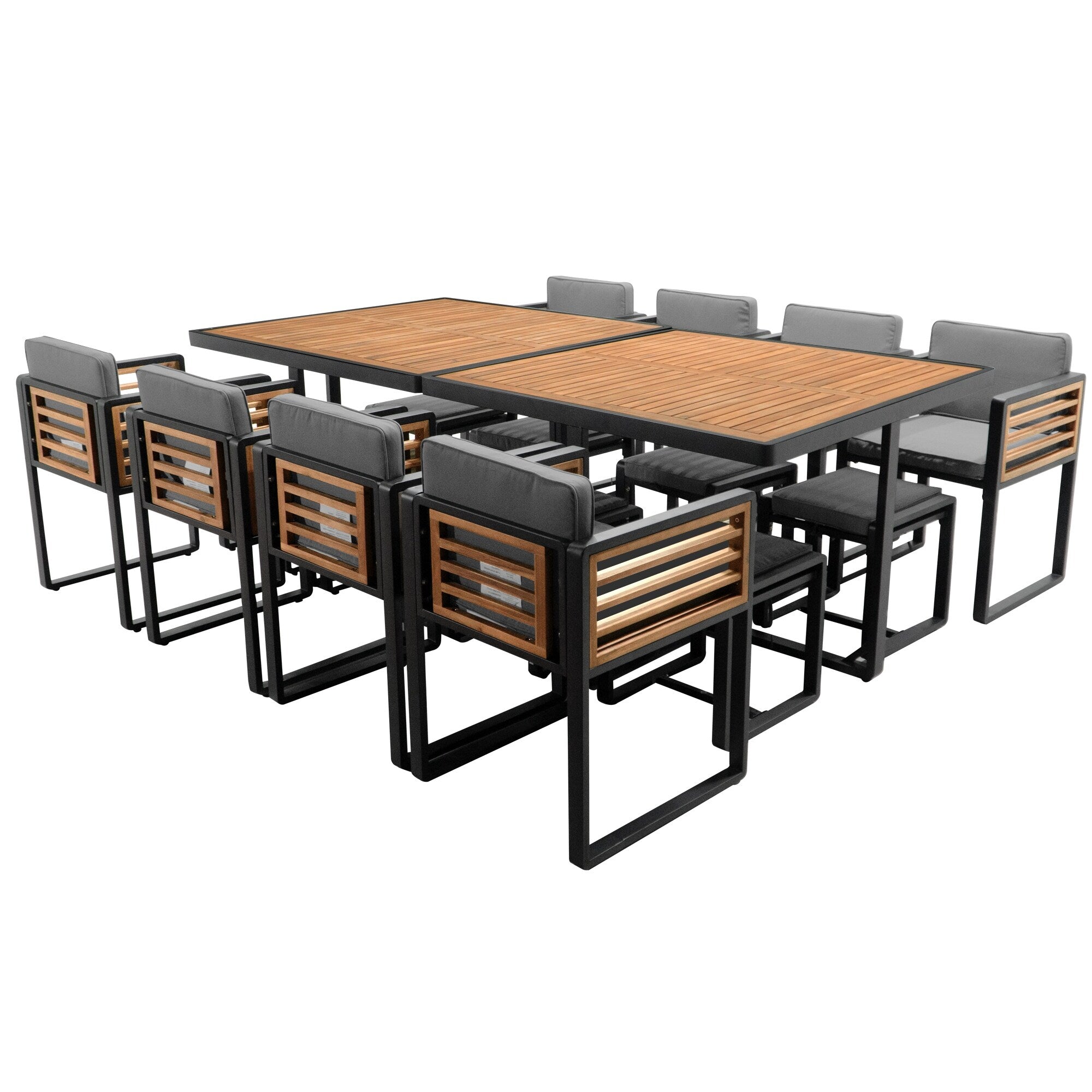18-teiliges Essset aus Akazienholz für die Terrasse, bestehend aus 8 gepolsterten Stühlen, 8 Hockern und 2 quadratischen Tischen