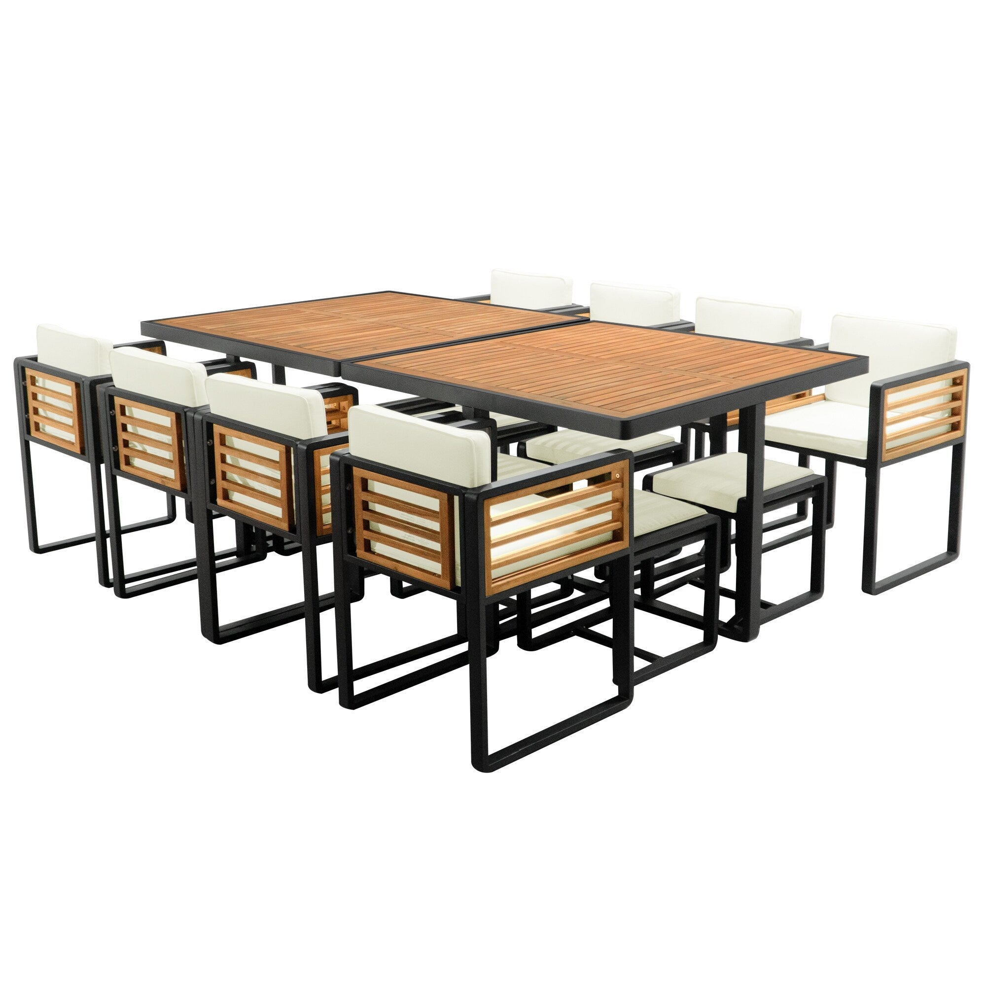 18-teiliges Essset aus Akazienholz für die Terrasse, bestehend aus 8 gepolsterten Stühlen, 8 Hockern und 2 quadratischen Tischen
