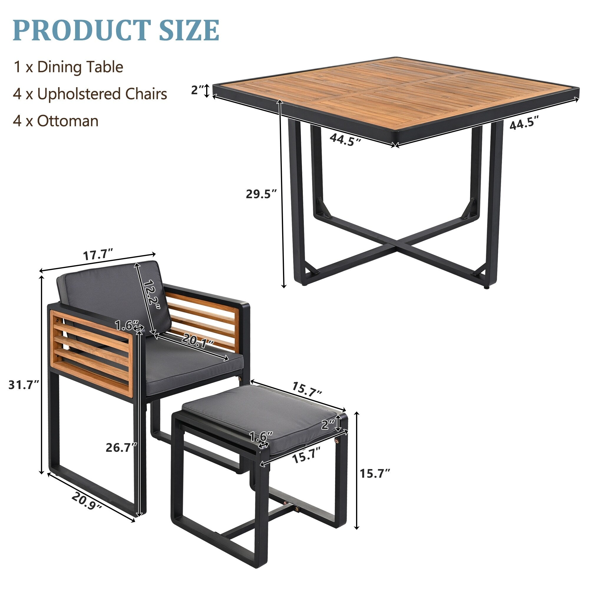 18-teiliges Essset aus Akazienholz für die Terrasse, bestehend aus 8 gepolsterten Stühlen, 8 Hockern und 2 quadratischen Tischen