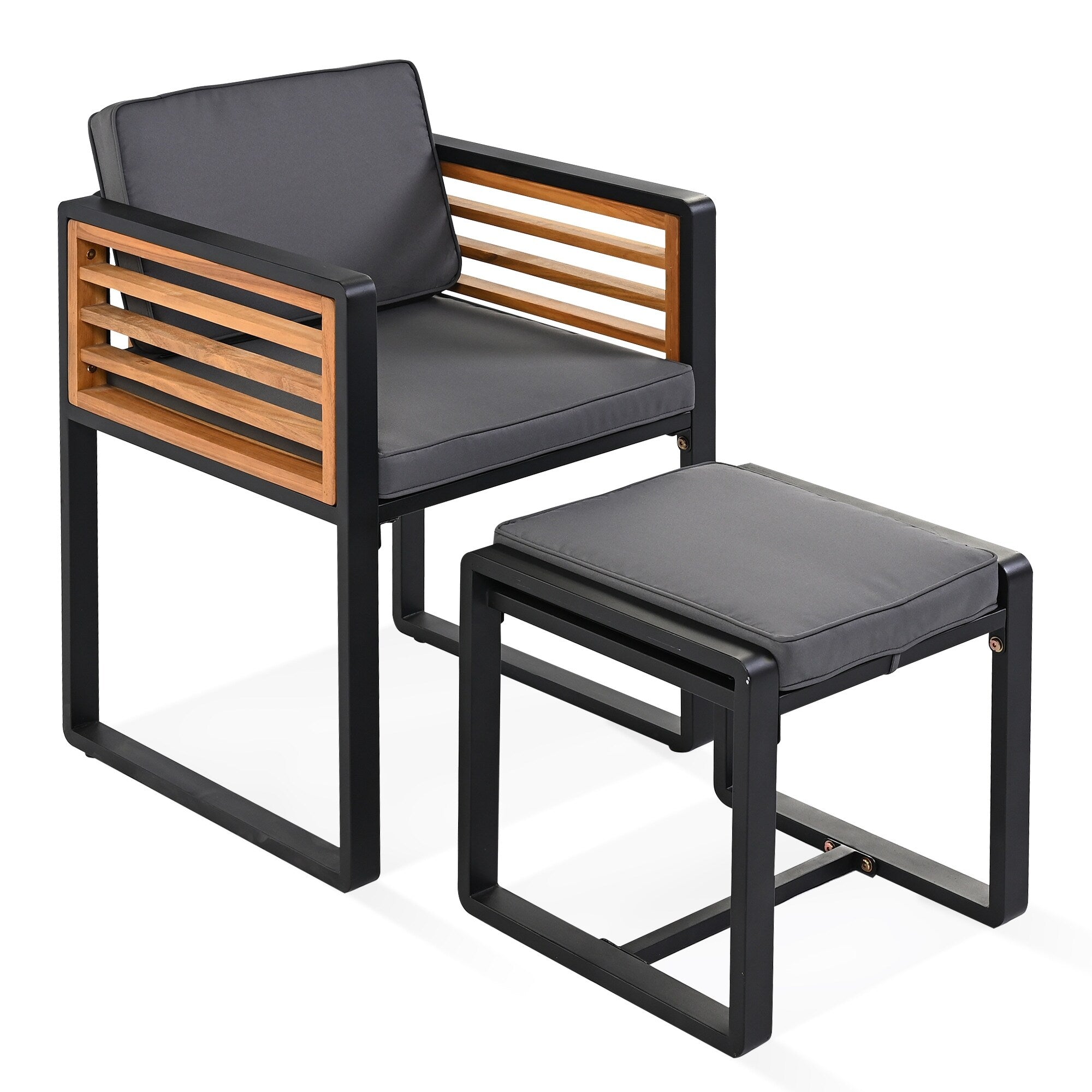 18-teiliges Essset aus Akazienholz für die Terrasse, bestehend aus 8 gepolsterten Stühlen, 8 Hockern und 2 quadratischen Tischen