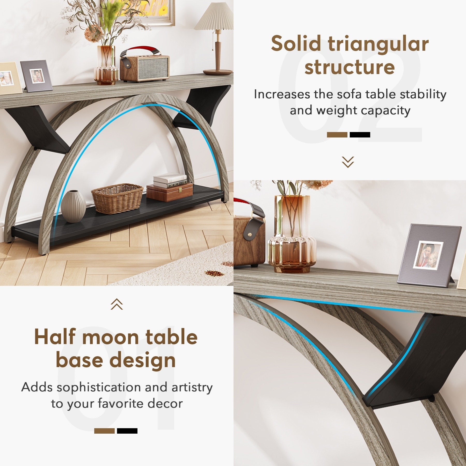 Schmaler, länglicher Konsolentisch mit zwei Ebenen und halbkreisförmigem Gestell für Eingangsbereich, grauer Beistelltisch für Flur/Garderobe