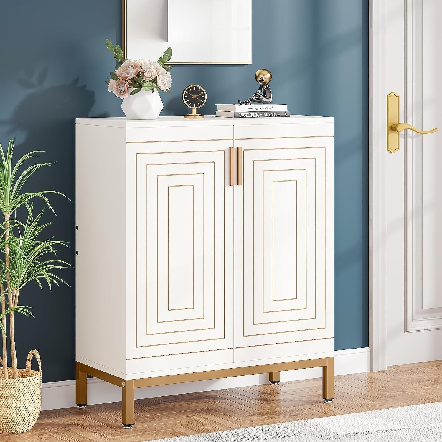 Schuhschrank für 20 Paar Schuhe, 95 cm (37,4 Zoll) hoher, moderner Schuhschrank mit Türen, Weiß & Gold