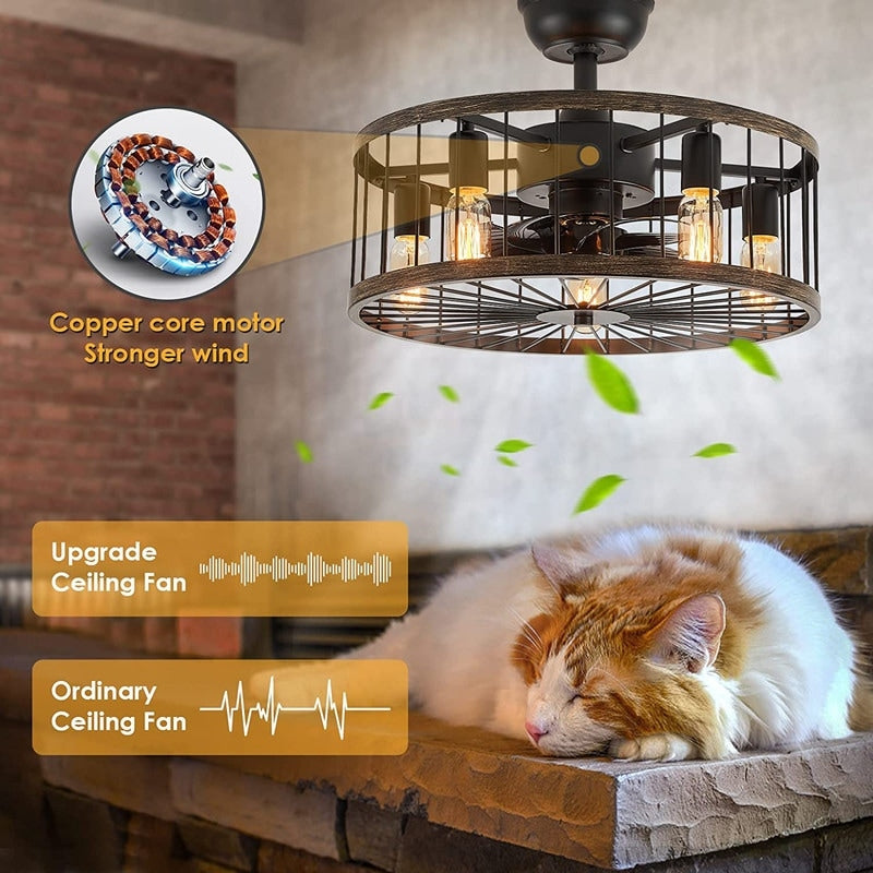 20-Zoll-Deckenventilator mit niedrigem Profil, moderner Landhausstil, Holzoptik, Käfigdesign, Beleuchtung und Fernbedienung