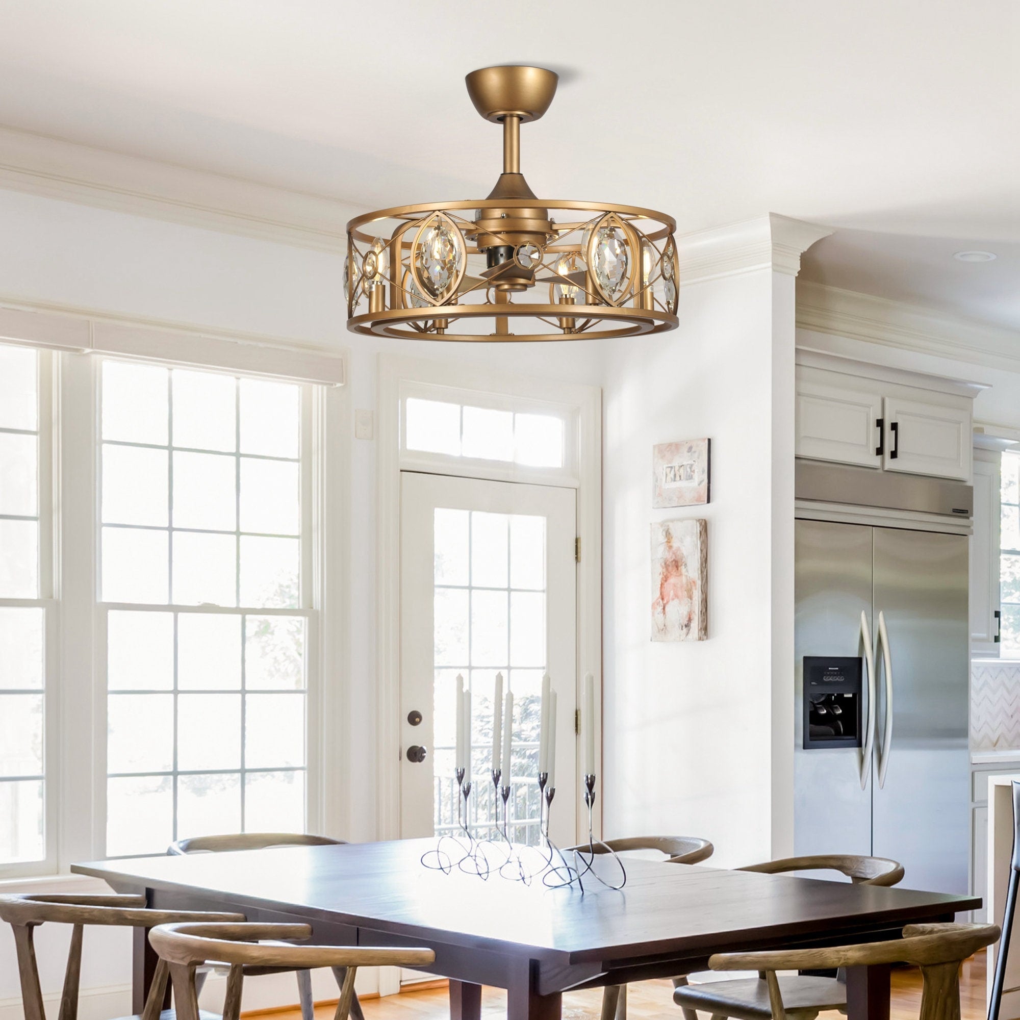 22 Moderner Kristall-Käfig-Deckenventilator-Kronleuchter mit Fernbedienung