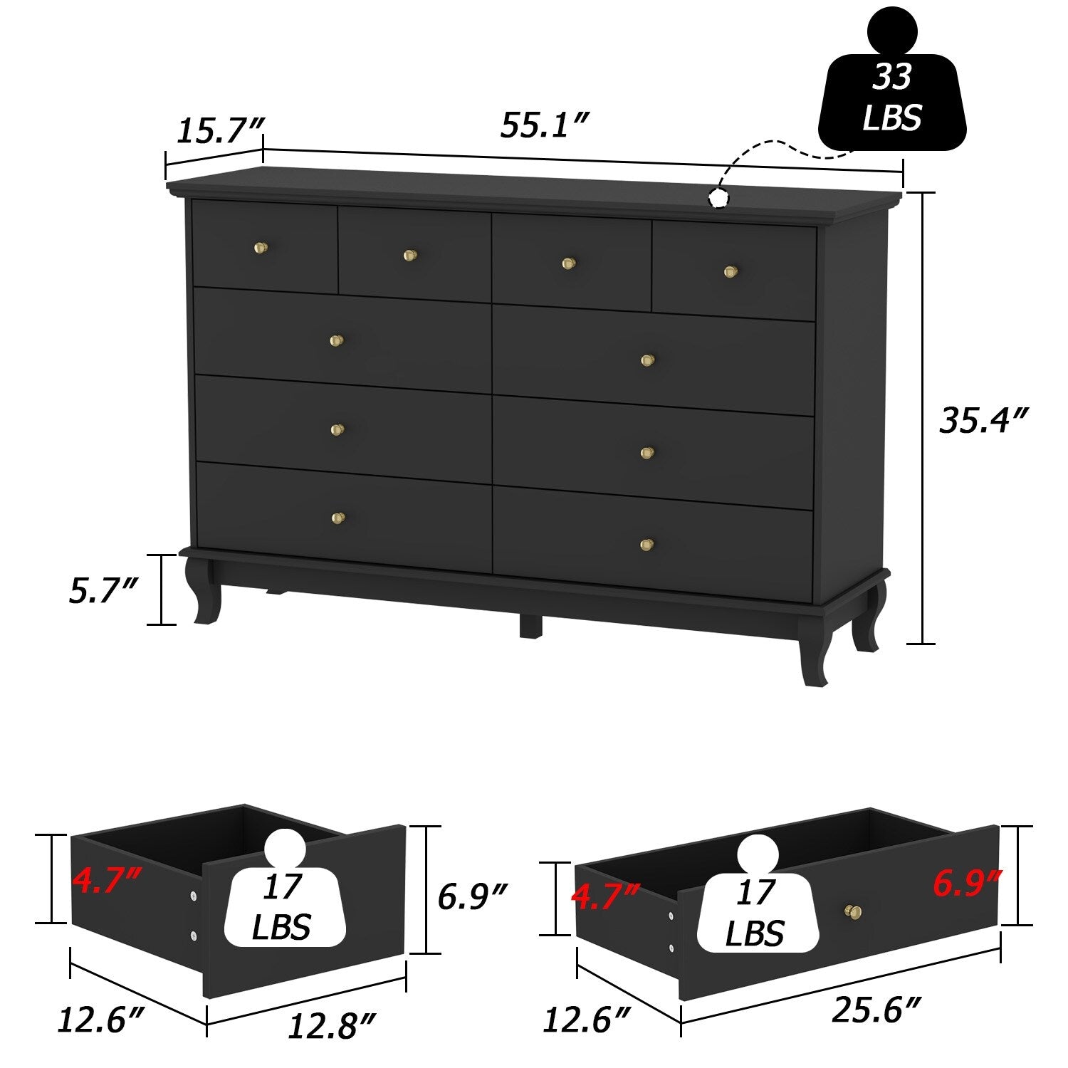Doppelkommode mit 10 Schubladen für das Schlafzimmer, weiß, viel Stauraum