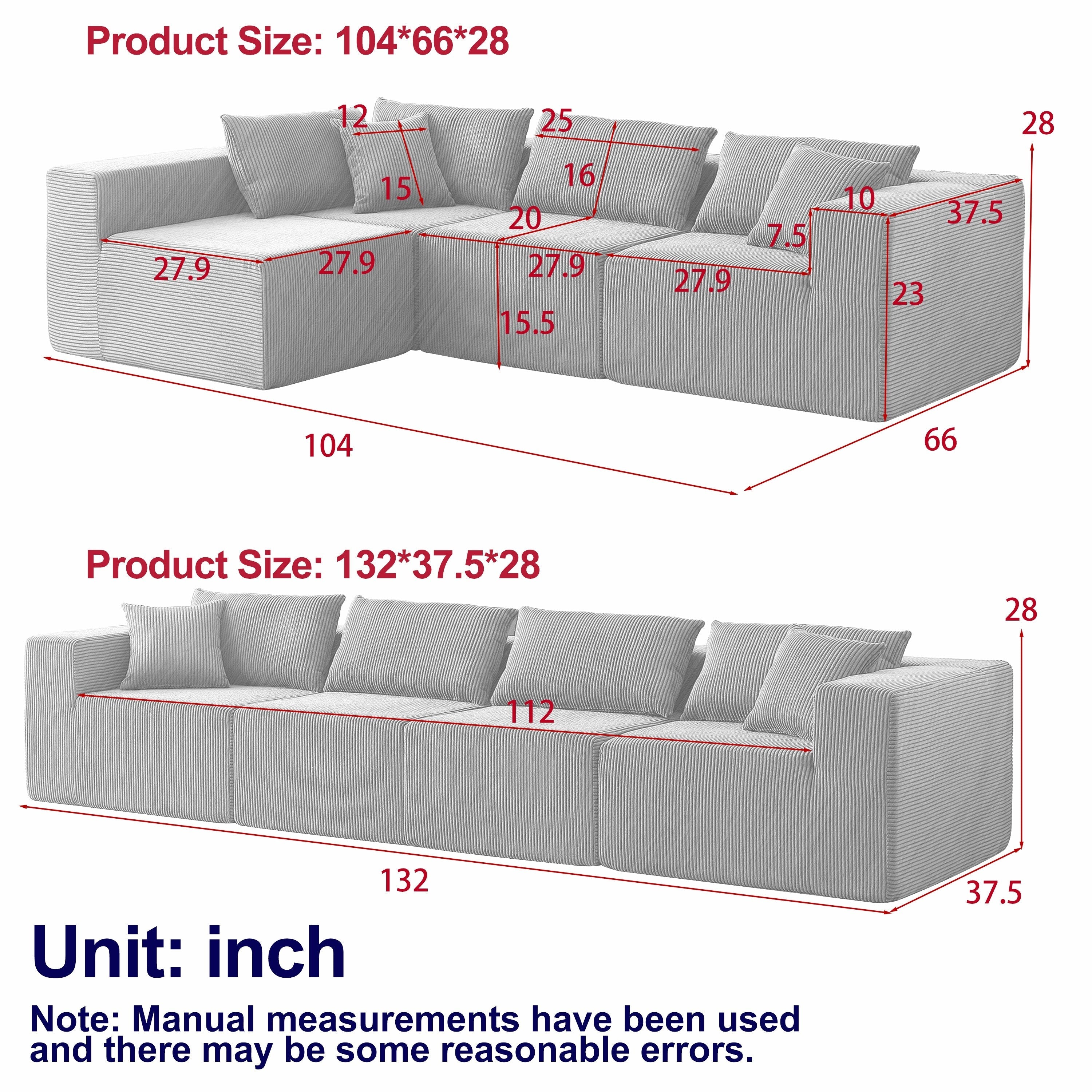 Modulares L-förmiges Ecksofa aus Cord (264 cm), Bodensofa-Set, Schaumstoff-Kombinationssofa, 4-teiliges Set zur freien Kombination