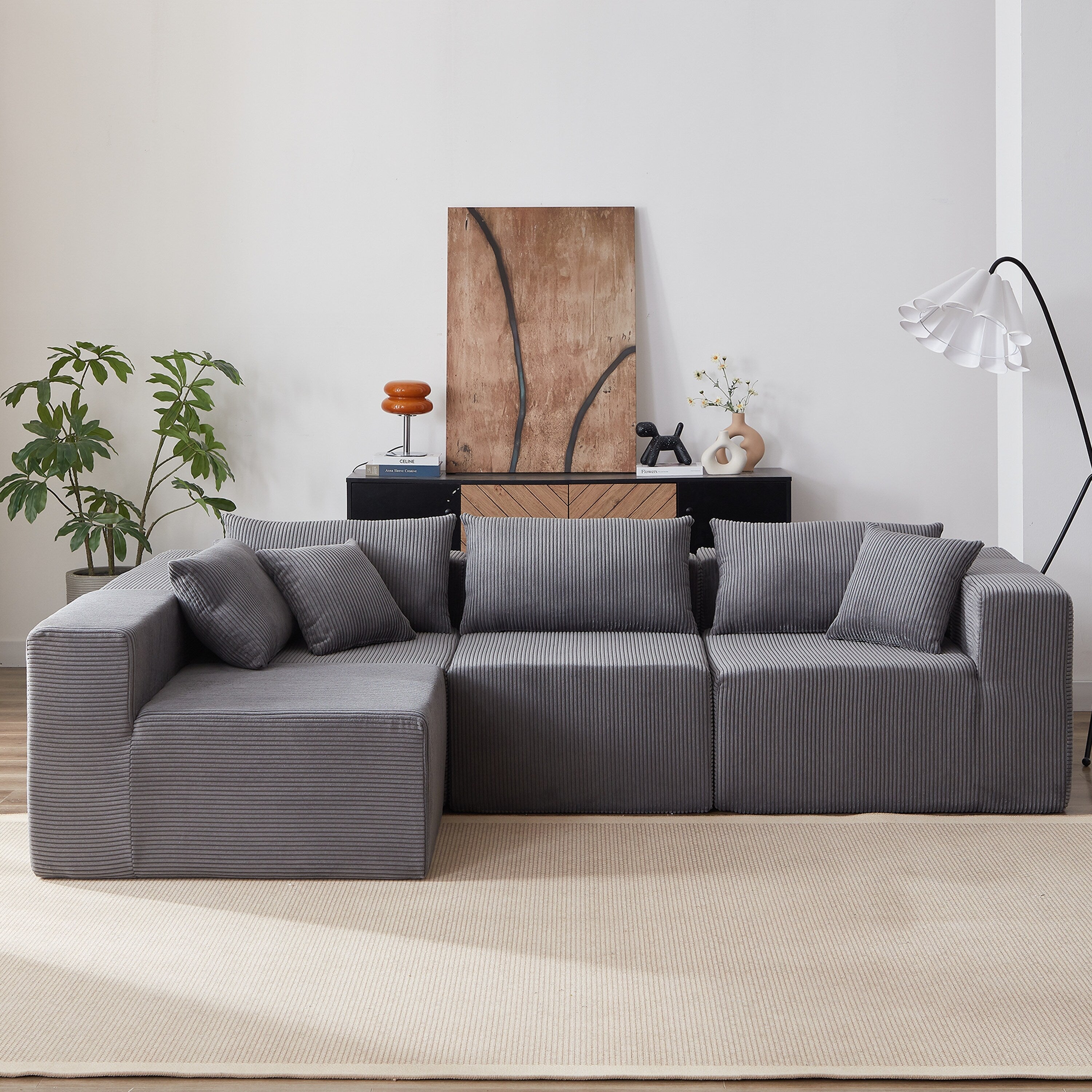 Modulares L-förmiges Ecksofa aus Cord (264 cm), Bodensofa-Set, Schaumstoff-Kombinationssofa, 4-teiliges Set zur freien Kombination