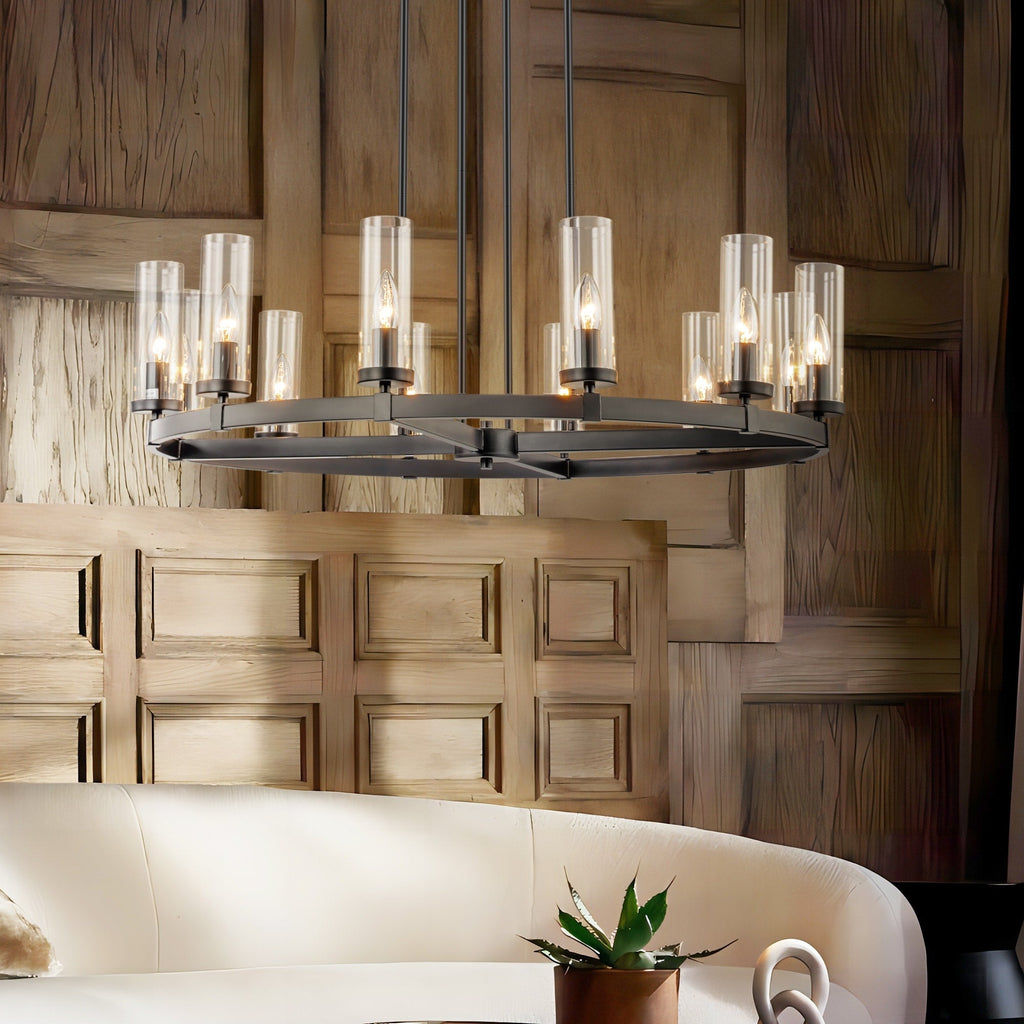 Großer Kronleuchter im Mid-Century-Modern-Stil mit 12 Leuchten, zylinderförmig, aus Klarglas, in Wagenradform, Gold/Schwarz