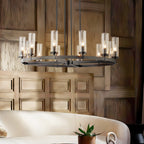 Großer Kronleuchter im Mid-Century-Modern-Stil mit 12 Leuchten, zylinderförmig, aus Klarglas, in Wagenradform, Gold/Schwarz