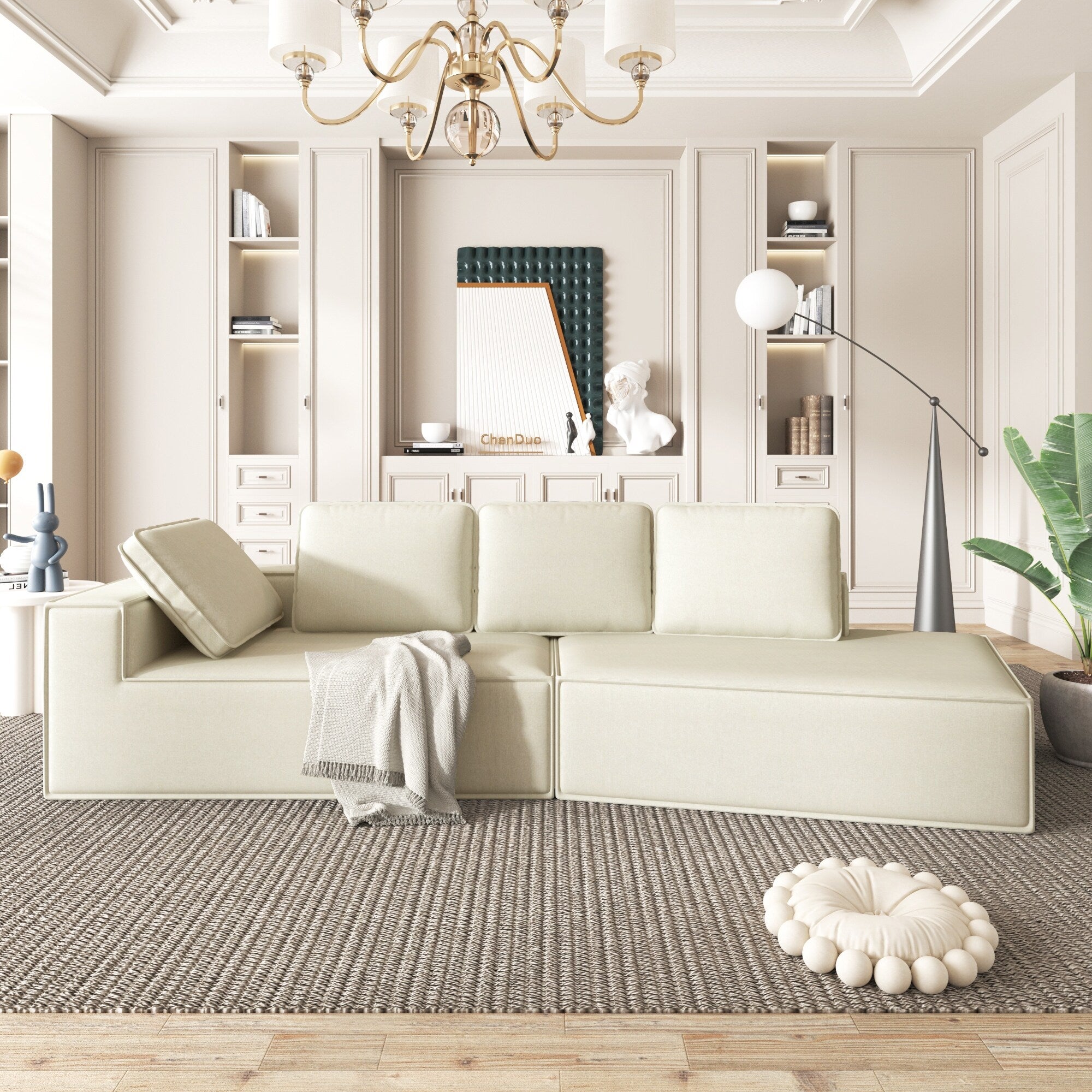 125 Stilvolle Chaiselongue, modernes Indoor-Lounge-Sofa mit Schlaffunktion und klaren Linien für das Wohnzimmer, Beige