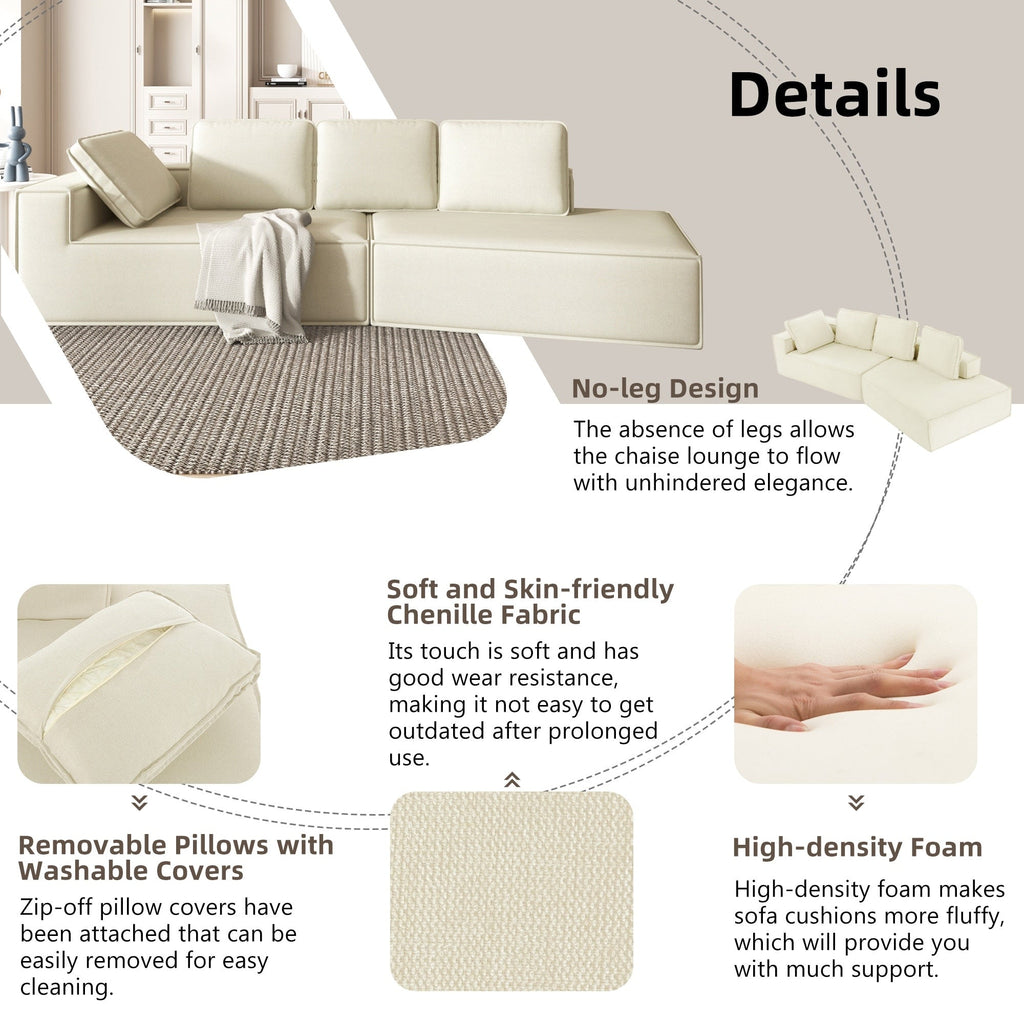 125 Stilvolle Chaiselongue, modernes Indoor-Lounge-Sofa mit Schlaffunktion und klaren Linien für das Wohnzimmer, Beige