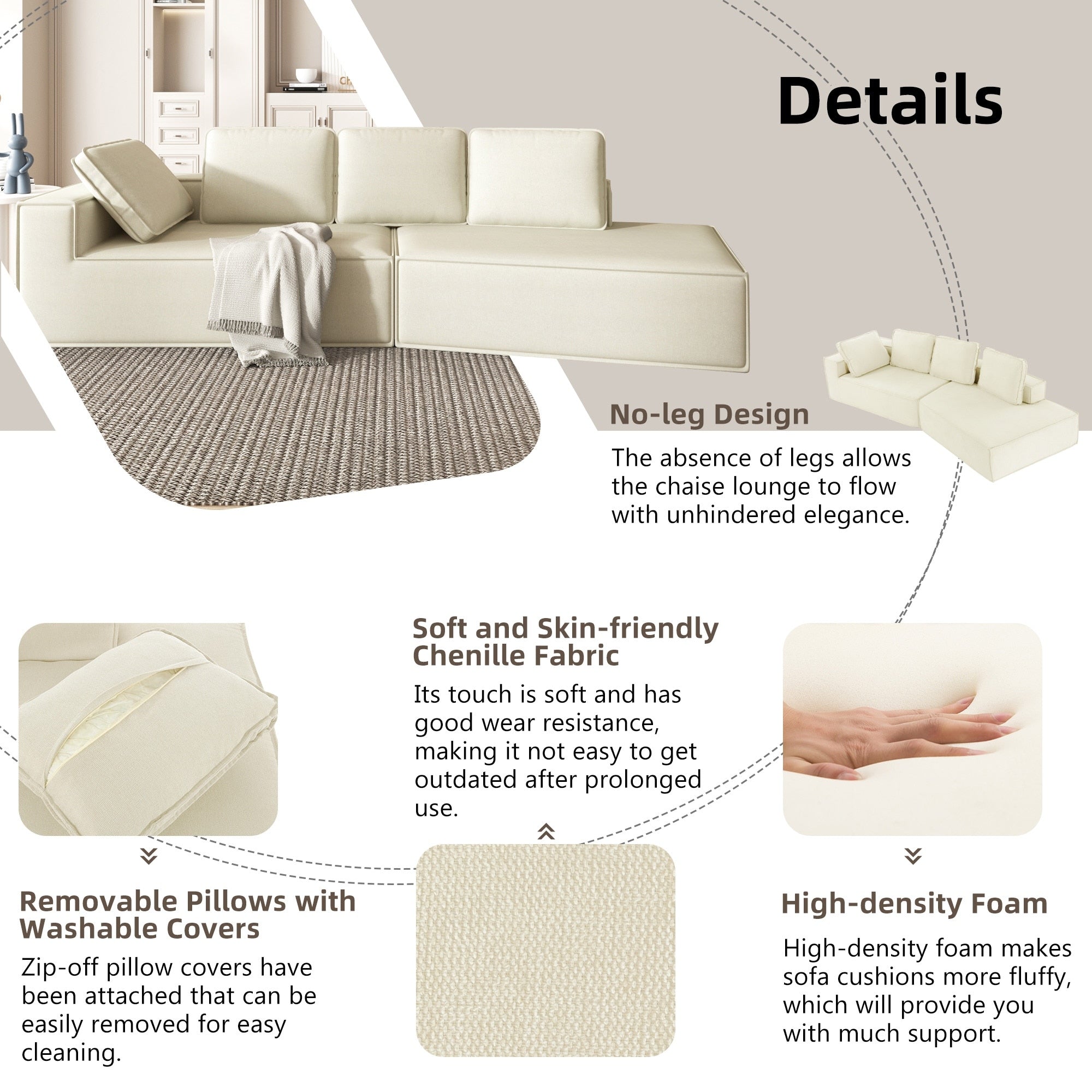 125 Stilvolle Chaiselongue, modernes Indoor-Lounge-Sofa mit Schlaffunktion und klaren Linien für das Wohnzimmer, Beige